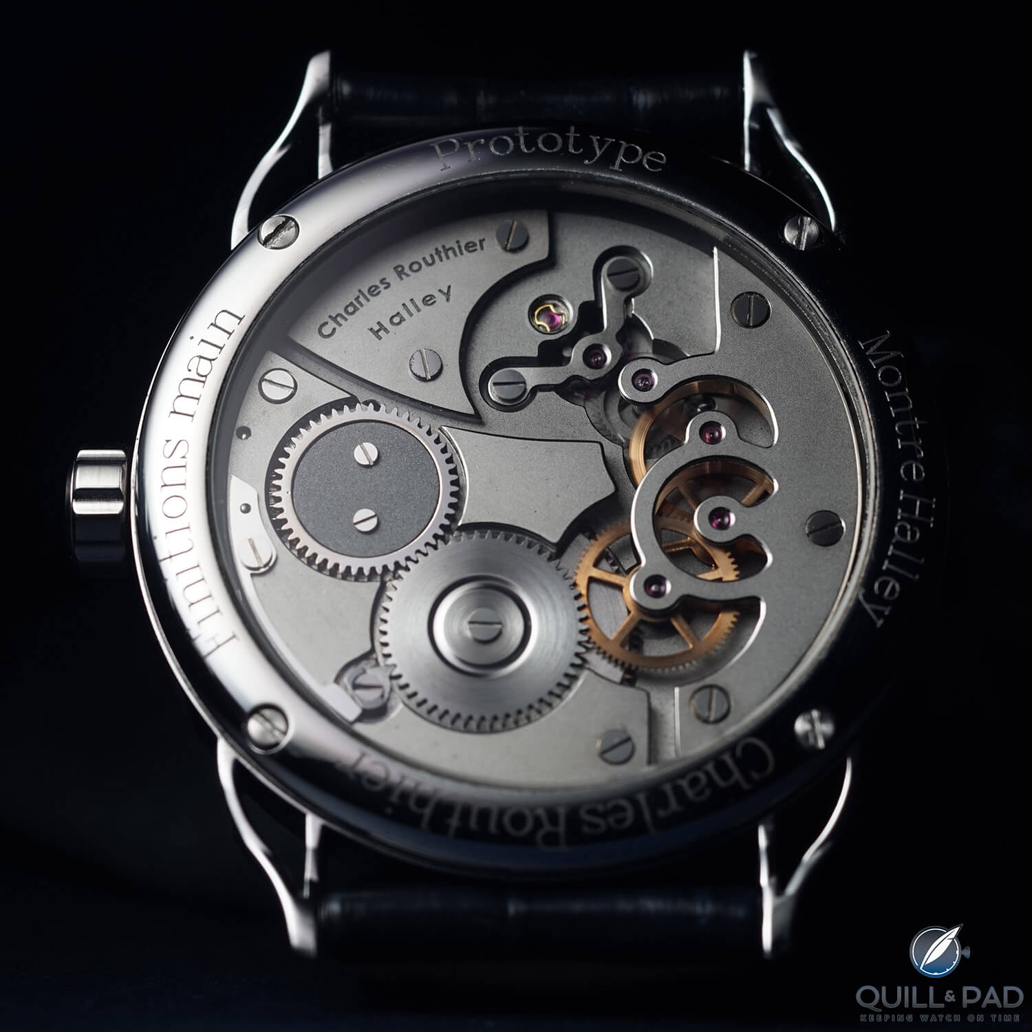 Beautifully finished movement visible through the display back of Charles Routhier's Halley