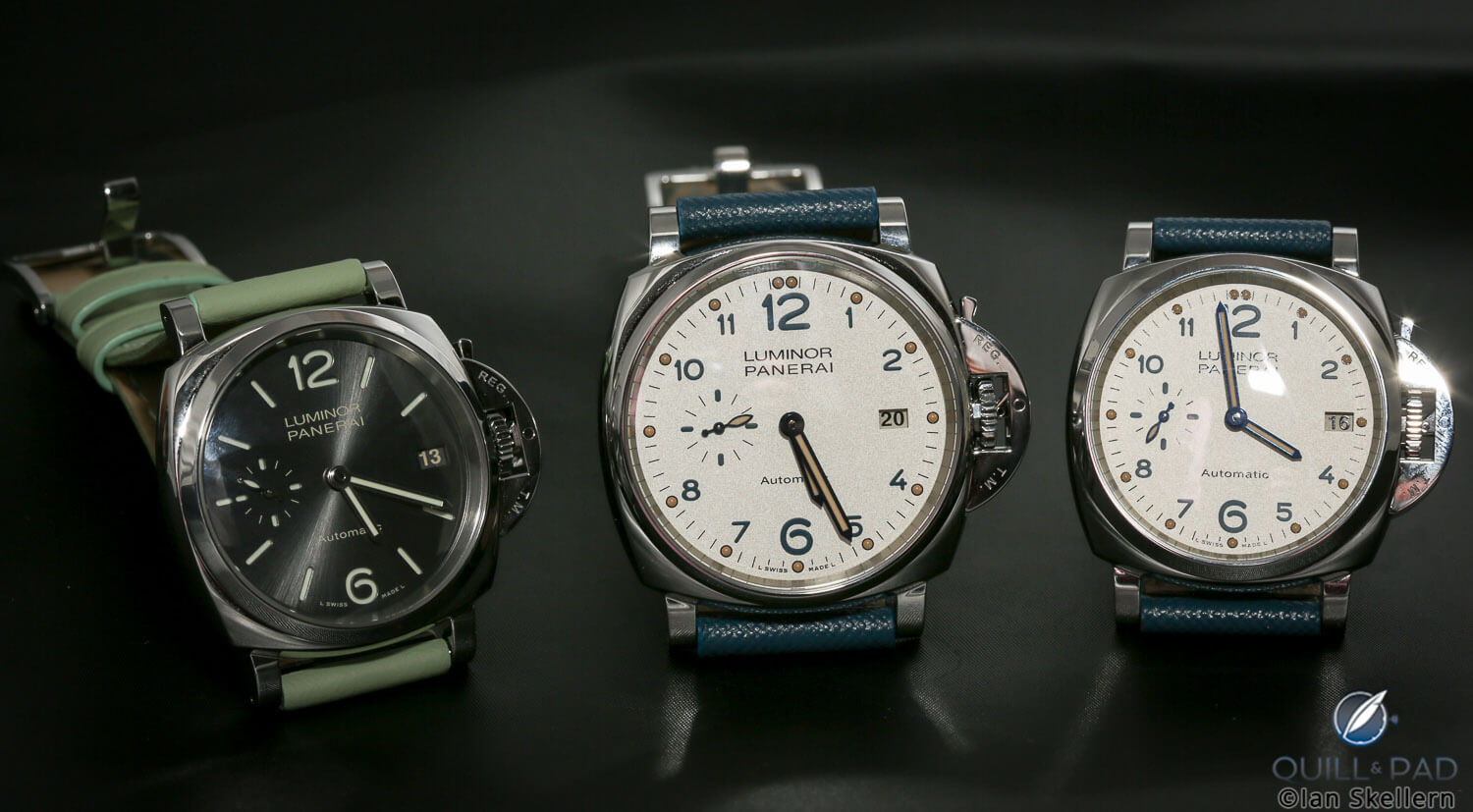 Panerai Luminor Due 3 Days Automatic Acciaio 42 mm flanked by two Panerai Luminor Due 3 Days Automatic Acciaio 38s