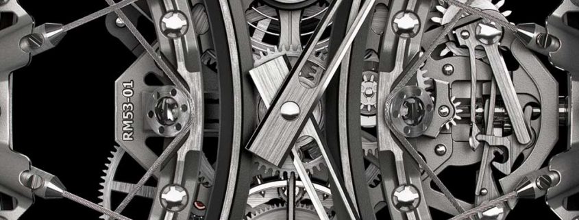 Close up look at the shock-absorbingcables tensioning the components in the Richard Mille RM 53-01 Pablo Mac Dough