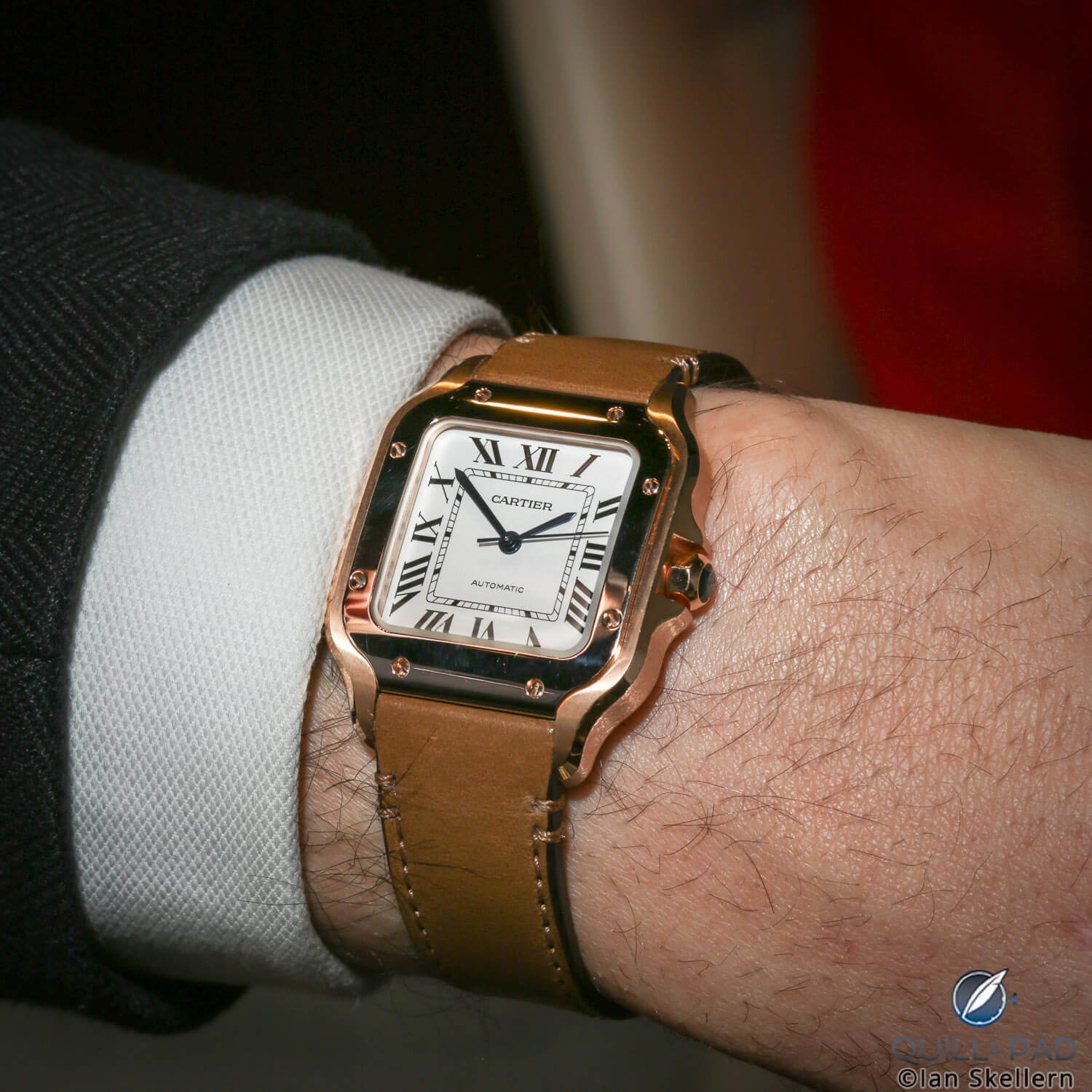 Santos de Cartier in pink gold on the wrist