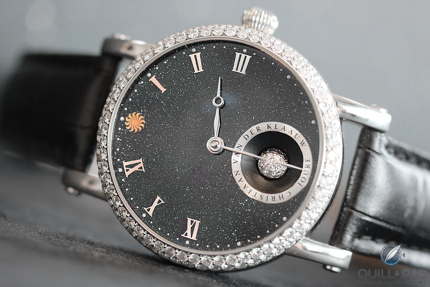 The Christiaan van der Klaauw Real Moon Joure with aventurine dial combines both the aventurine and the diamonds in an extraordinary way