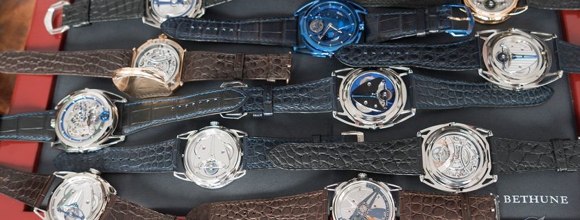 A display of new watches as seen during a visit at the De Bethune manufacture, January 2018