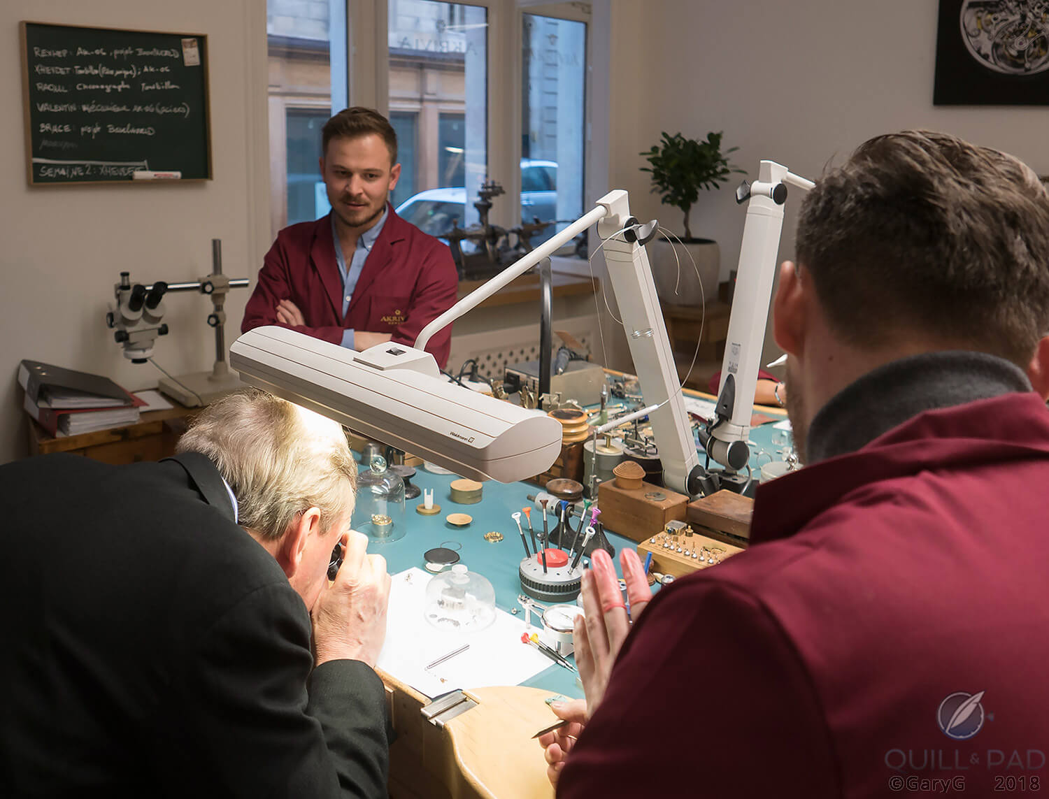 Visiting the Akrivia atelier, with Rexhep (at rear) and Xhevdet Rexhepi (foreground)