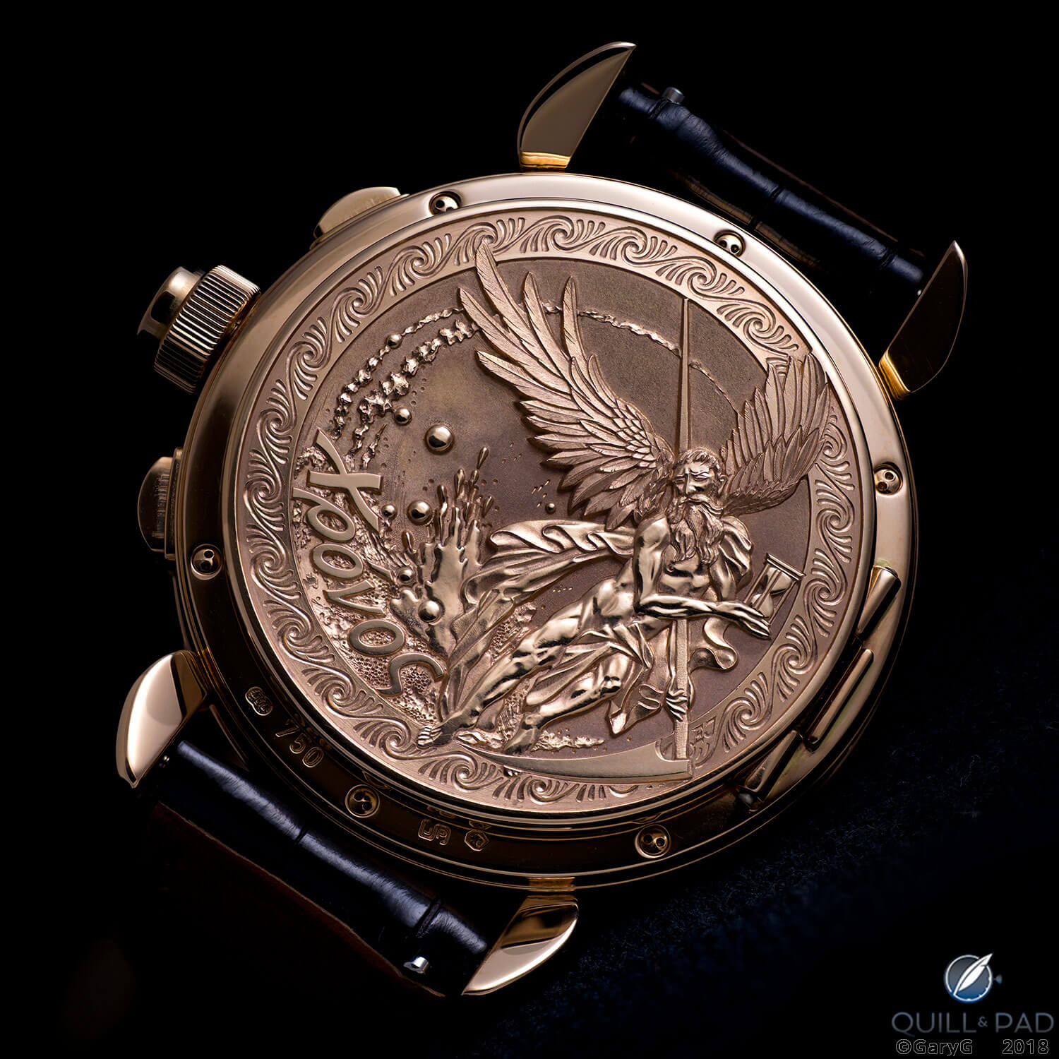 Engraving of Chronos, by Eddy Jaquet, on the author’s Voutilainen Masterpiece Chronograph II