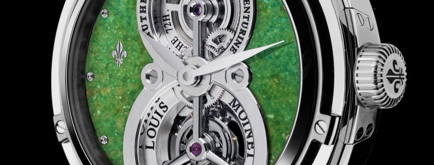 Louis Moinet's Treasures of the World Green Aventurine Vertalis Tourbillon seems to be only one of two wristwatches fitted with a quartz aventurine stone