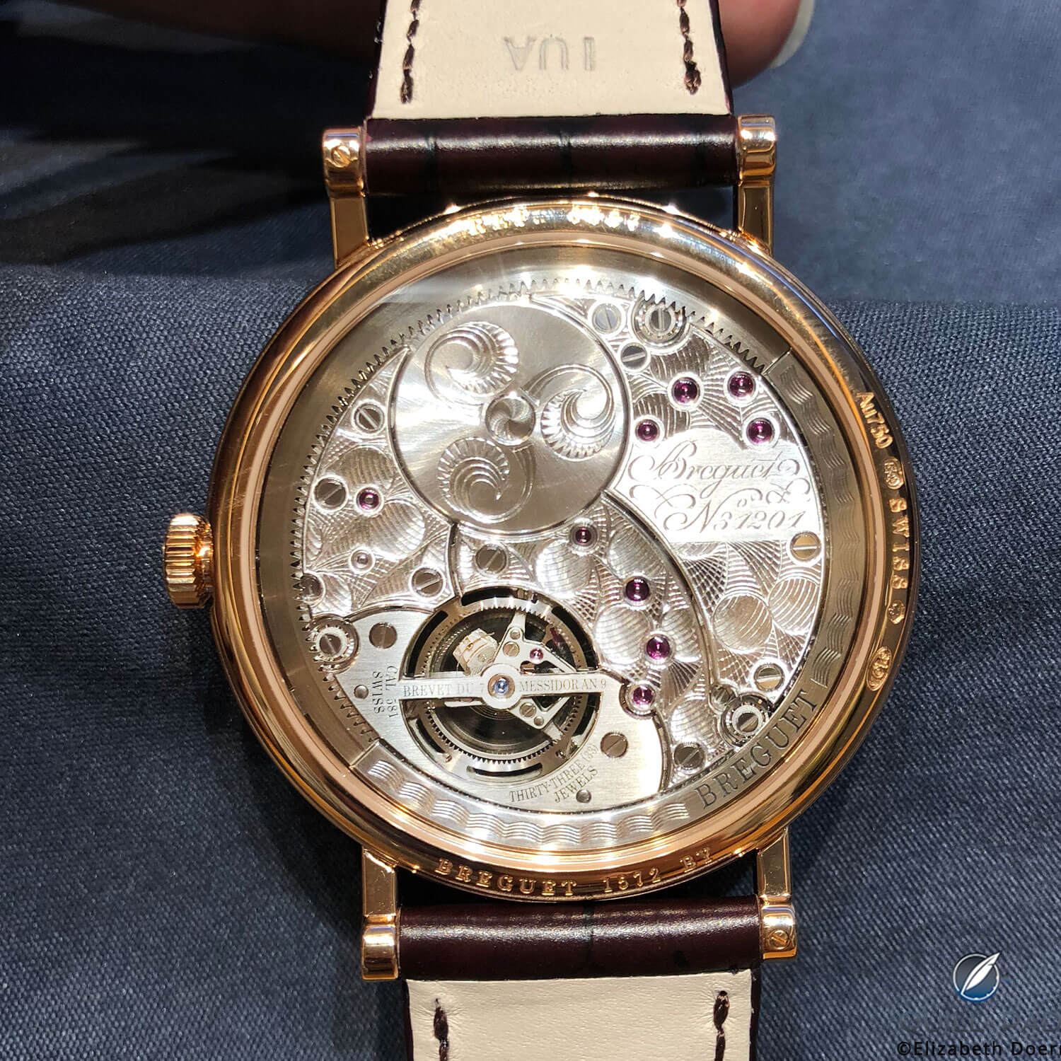 View through the display back of the Breguet Classique Movement side of the Breguet Tourbillon Extra-Plat Automatique 5367 Grand Feu Enamel