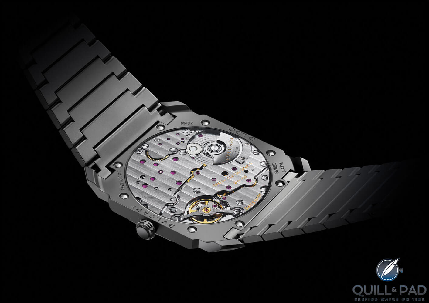 View through the display back of the Bulgari Octo Finissimo Automatic