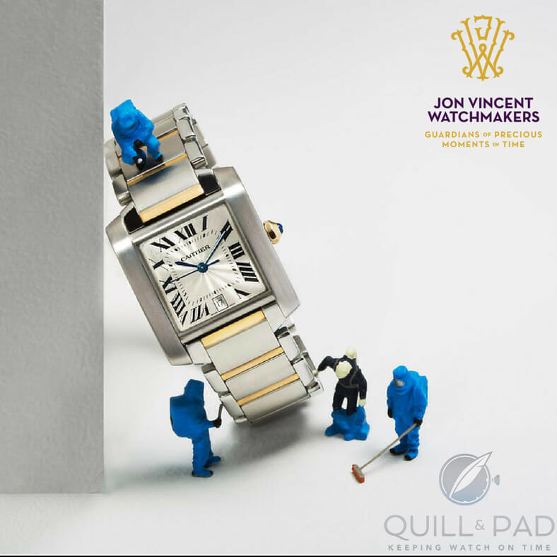 Mini watchmakers cleaning a Cartier Tank, those links are a a nightmare (photo courtesy Susan Castillo/Jon Vincent Watchmakers)