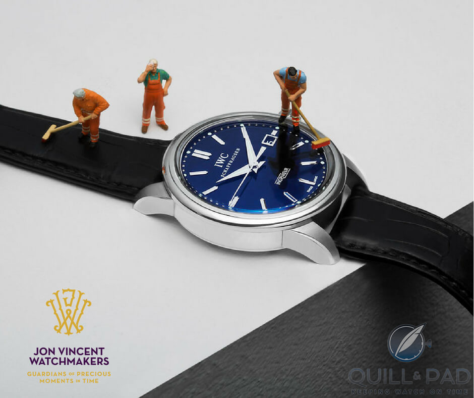 Mini watchmakers cleaning an IWC, taking extra care around the crystal/bezel interface (photo courtesy Susan Castillo/Jon Vincent Watchmakers)