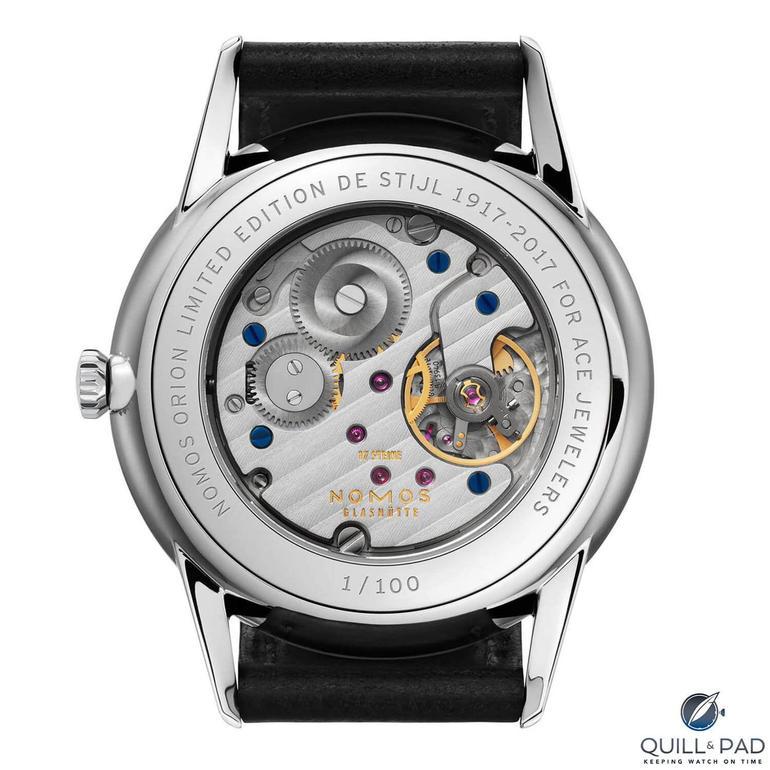 View through the display back to the Caliber Alpha movement powering the Ace X NOMOS Orion 100 Years of De Stijl