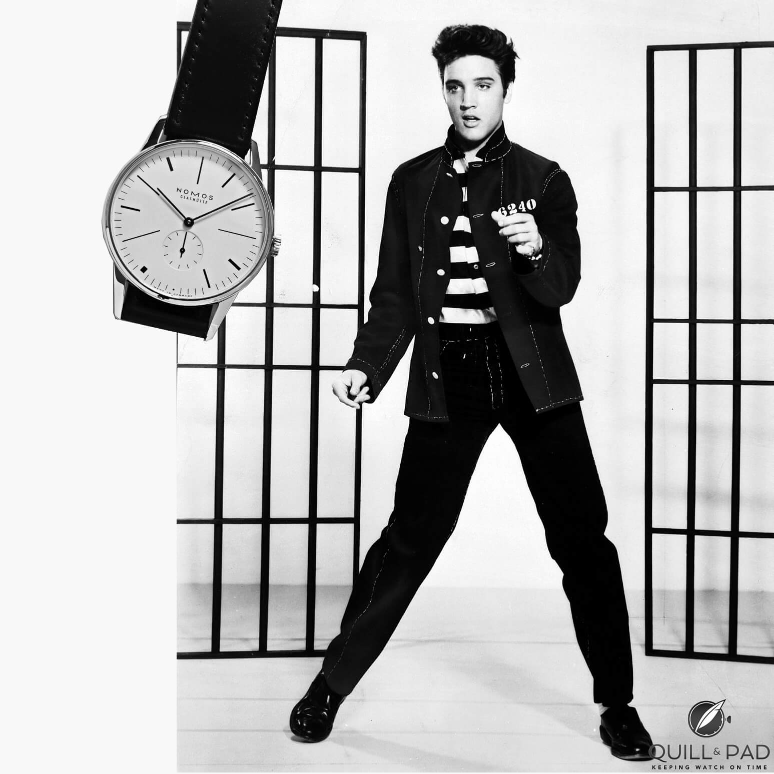 In this anticipated exclusively-designed Nomos Elvis Presley Jailhouse Rock commemoration edition, notice how the hour markers recall the bars of a jail