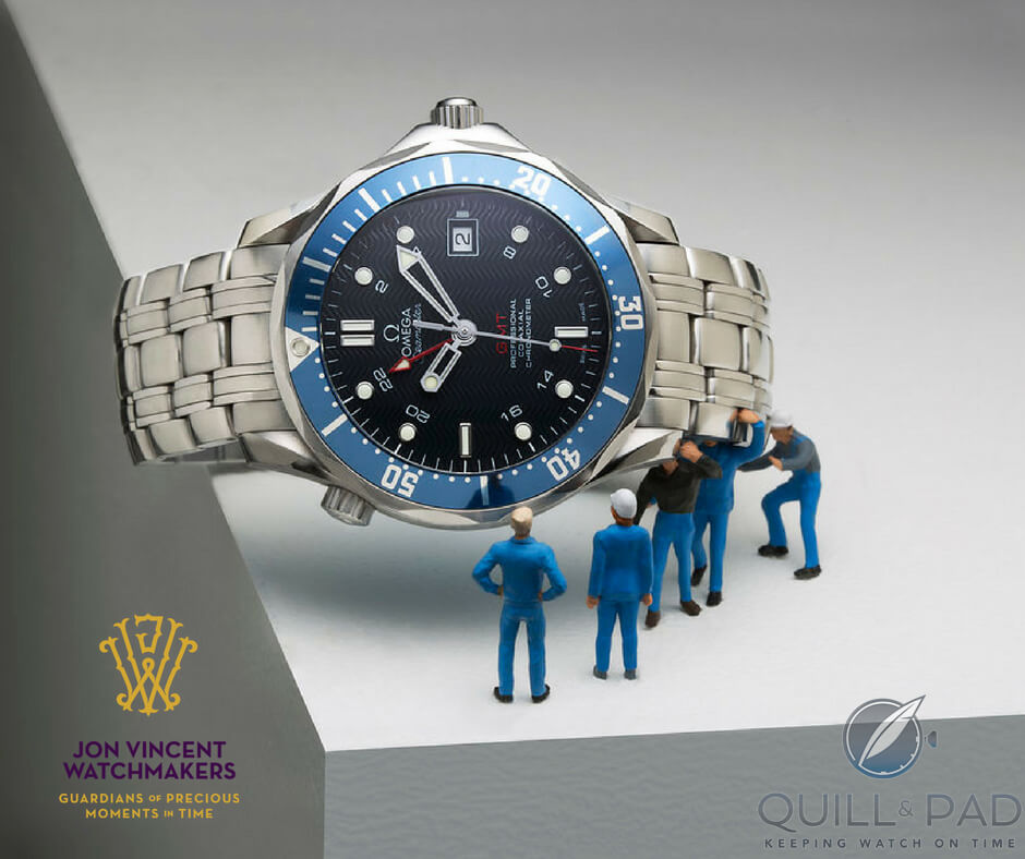 Mini watchmakers cleaning an Omega SBS Seamaster GMT, which requires deep thought and a strong back (photo courtesy Susan Castillo/Jon Vincent Watchmakers)