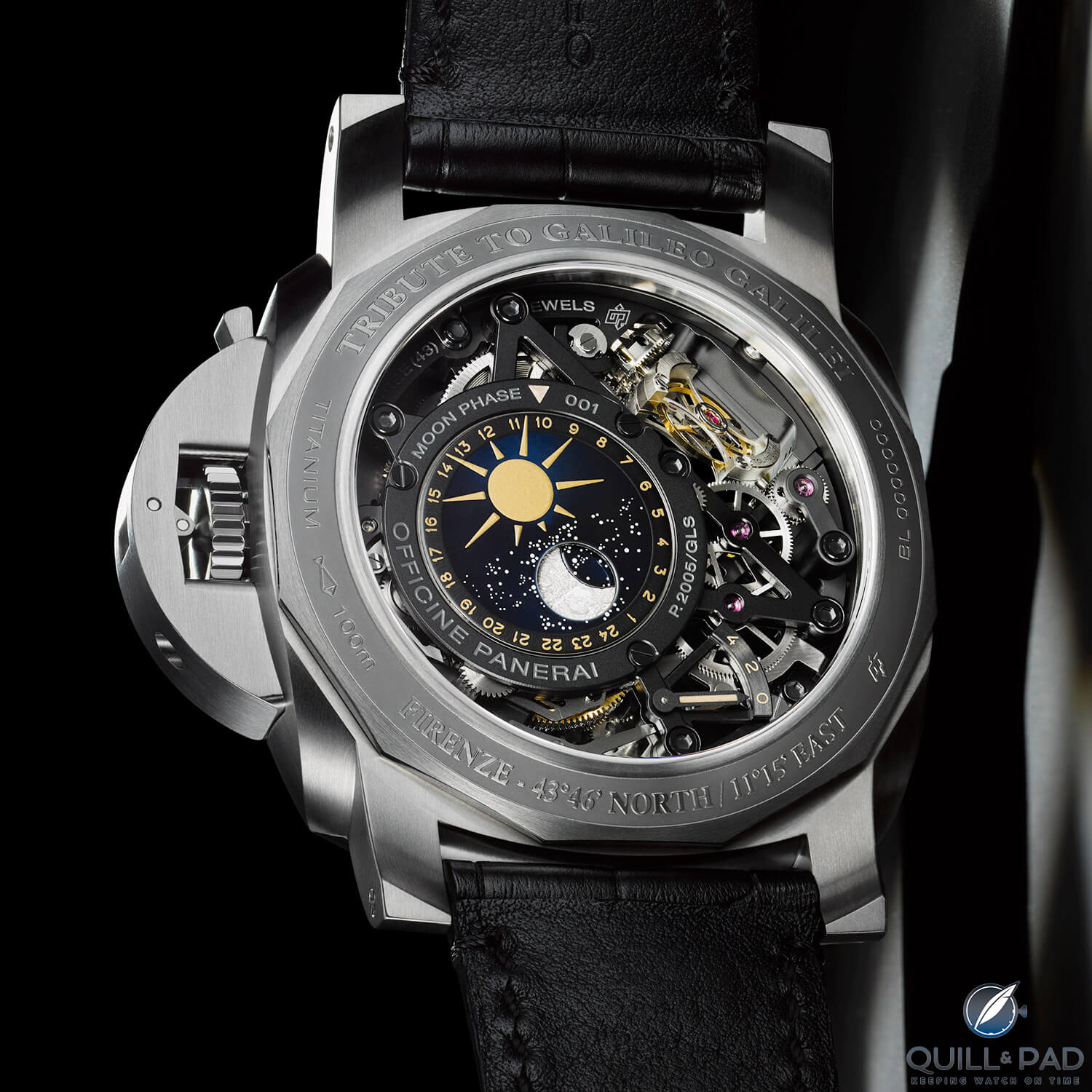 Back of the Panerai L'Astronomo Luminor 1950 Tourbillon Moon Phases Equation Of Time GMT