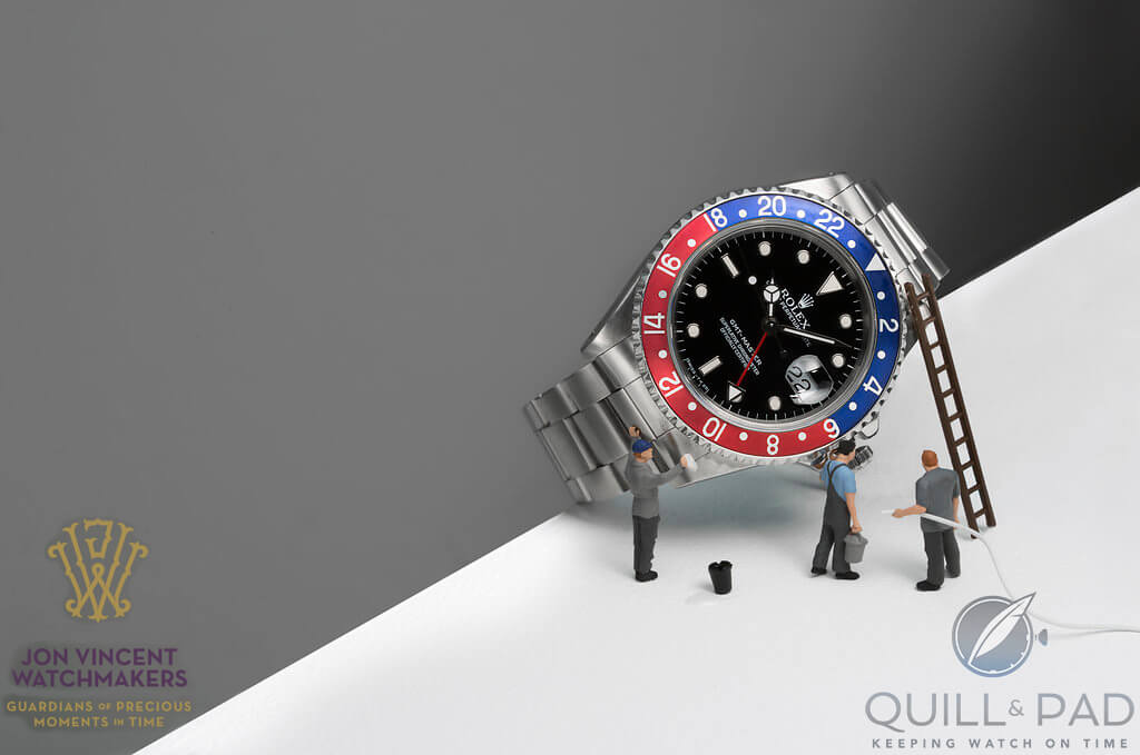 Mini watchmakers cleaning a Rolex GMT Master (photo courtesy Susan Castillo/Jon Vincent Watchmakers)