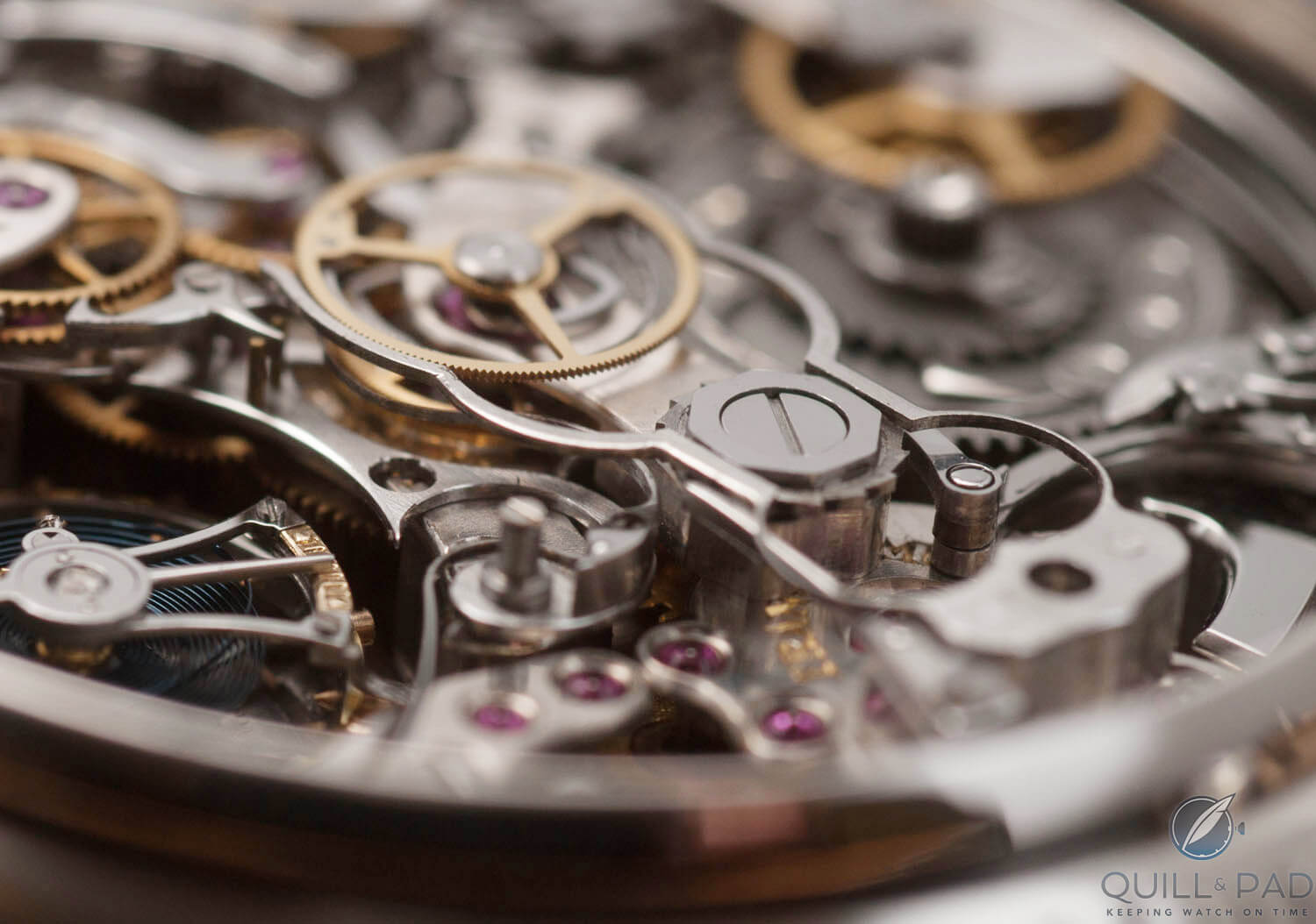 Detail view of the split-seconds mechanism; note how flat the column wheel is, a necessary in order to fit the parts into the existing case (photo courtesy Dr. Magnus Bosse)