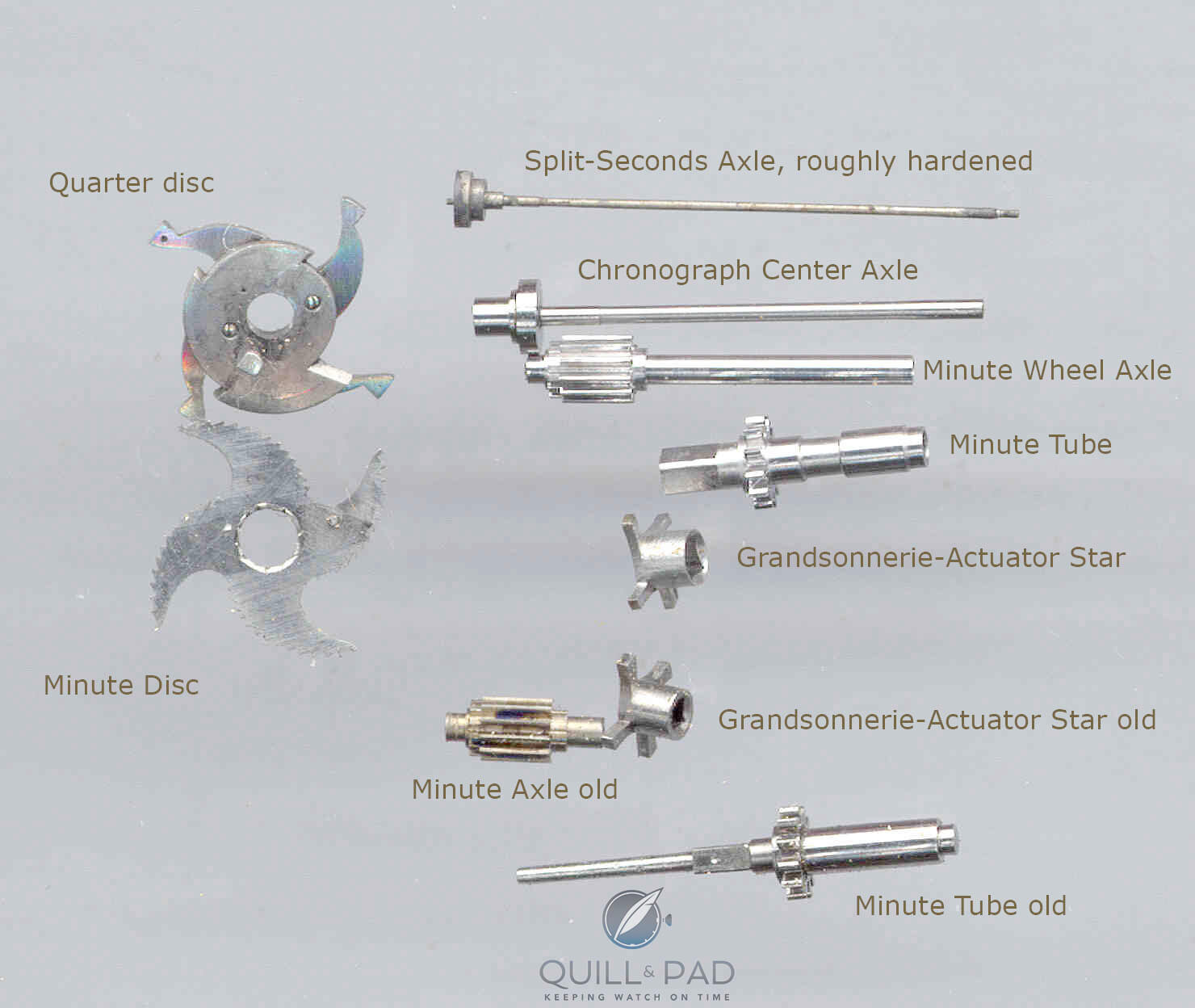 A number of parts needed to be produced from scratch and/or modified as a rattrapante mechanism was integrated into a movement not designed for this, which required subsequent modifications to the sonnerie as well