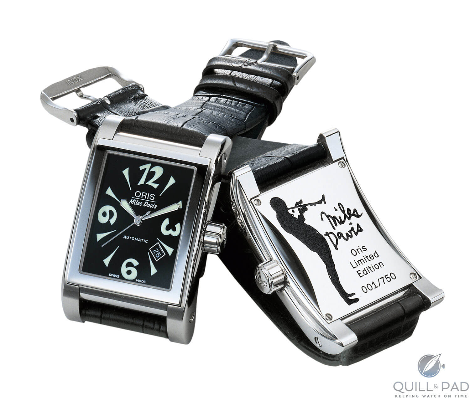 Cool jazz is mirrored in the 2001 Oris edition bearing the name of Miles Davis; each of the 750 pieces bears the signature and silhouette of the twentieth-century musical icon