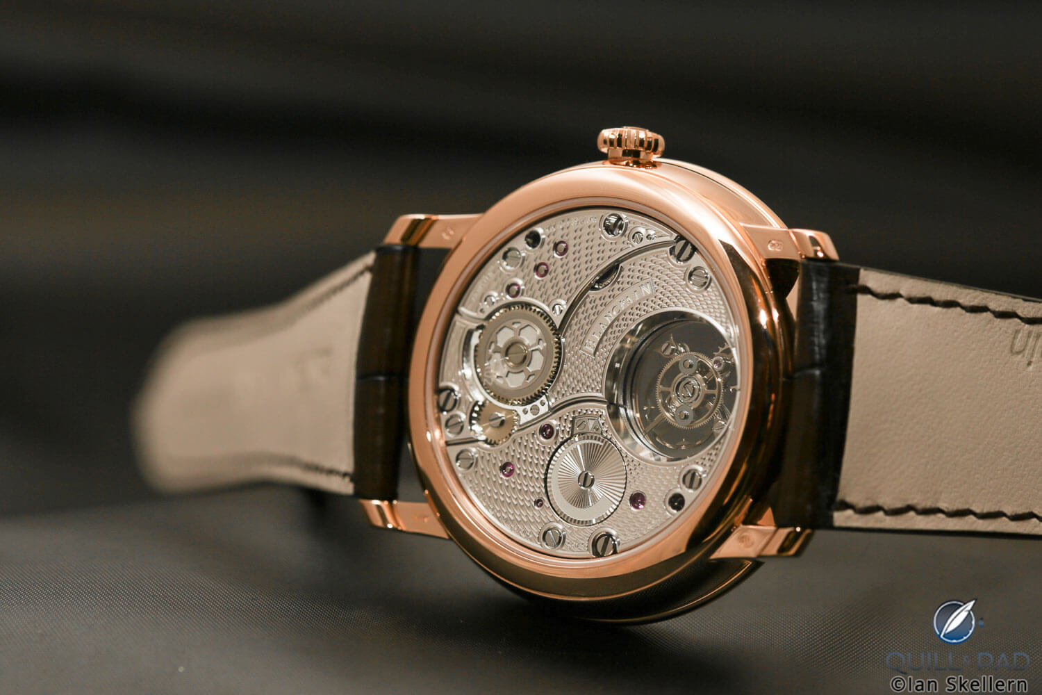 Intricately decorated back of the Blancpain Villeret Tourbillon Volant Heure Sautante Minute Rétrograde