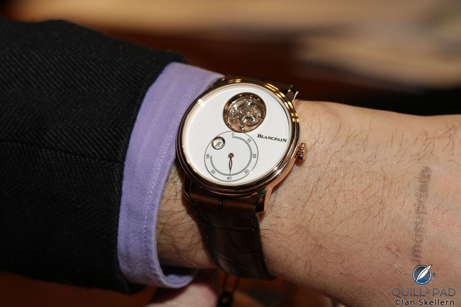 Blancpain Villeret Tourbillon Volant Heure Sautante Minute Rétrograde on the author's wrist