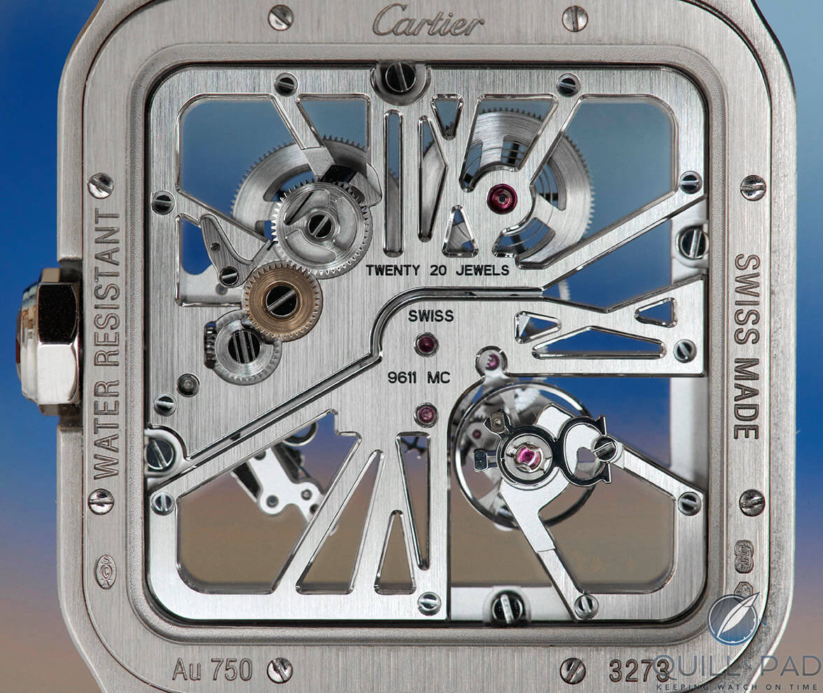 Cartier Caliber 9611 through the display back of the Santos de Cartier Skeleton