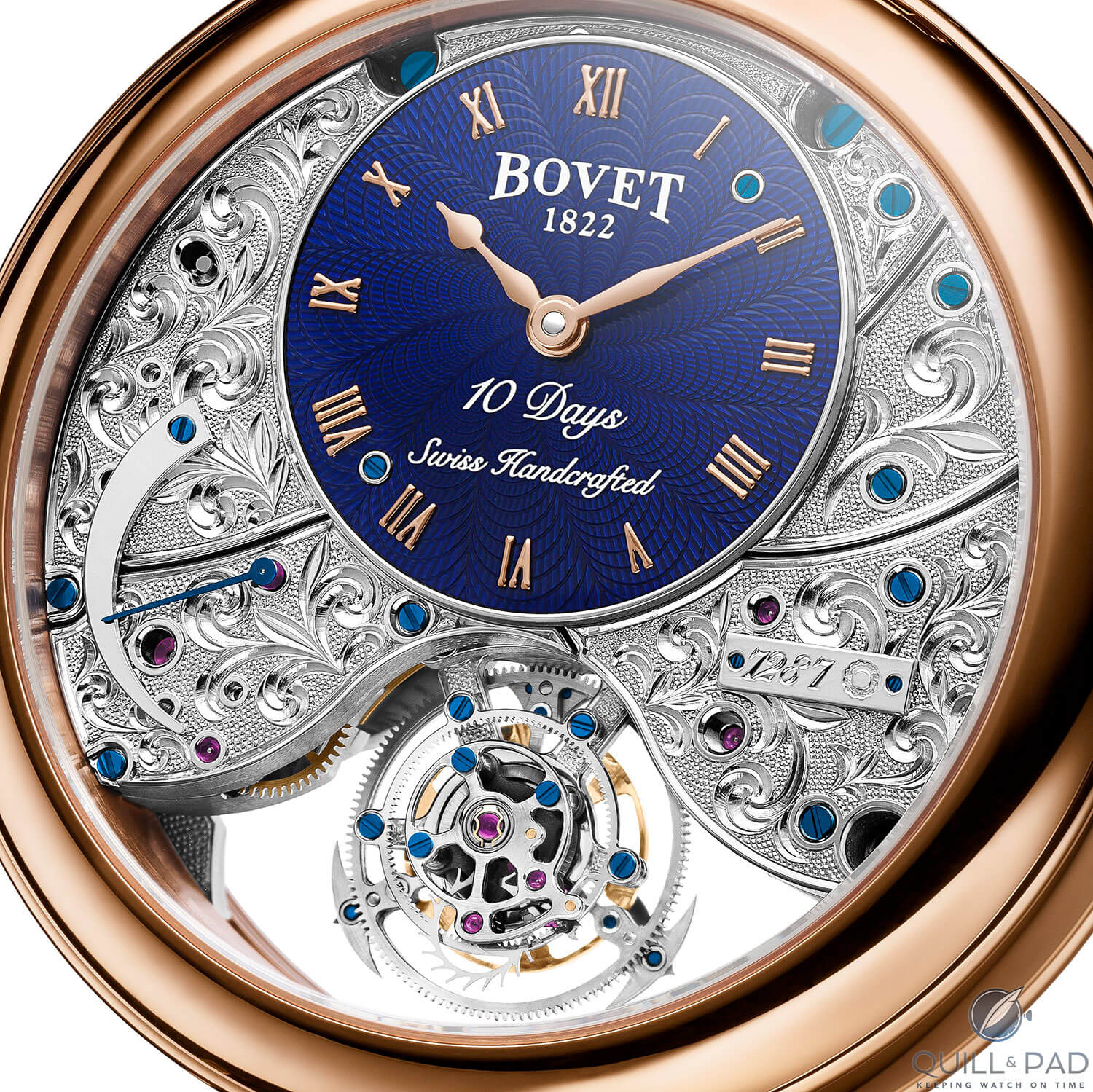 Close up look at the intricately engraved movement plate of the Edouard Bovet Flying Tourbillon (photo courtesy Marc Gysin Photo)