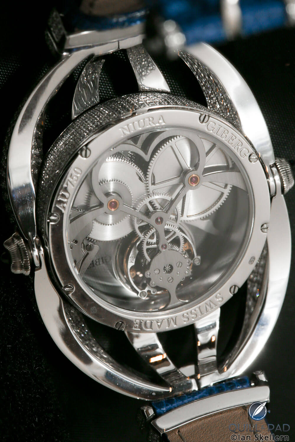 View through the display back of the Giberg Niura Flying Tourbillon