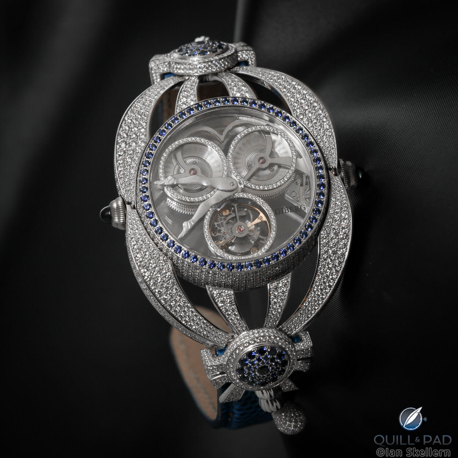 Giberg Niura Flying Tourbillon in white gold set with diamonds and blue sapphires