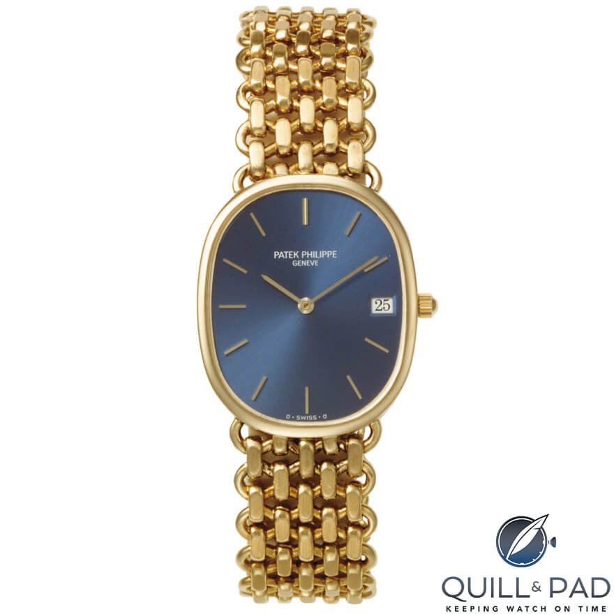 Patek Philippe Golden Ellipse Reference 3788 from 1982 with bold yellow gold bracelet, typical blue dial, plus a surprising date window