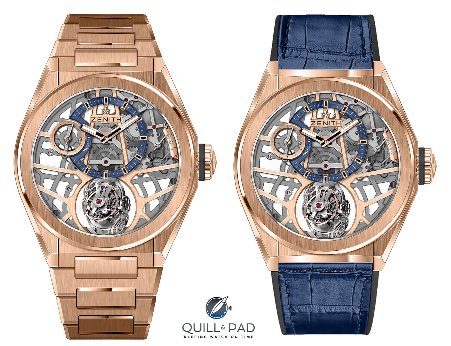 Zenith Defy Zero G in red gold on both red gold bracelet and blue leather strap