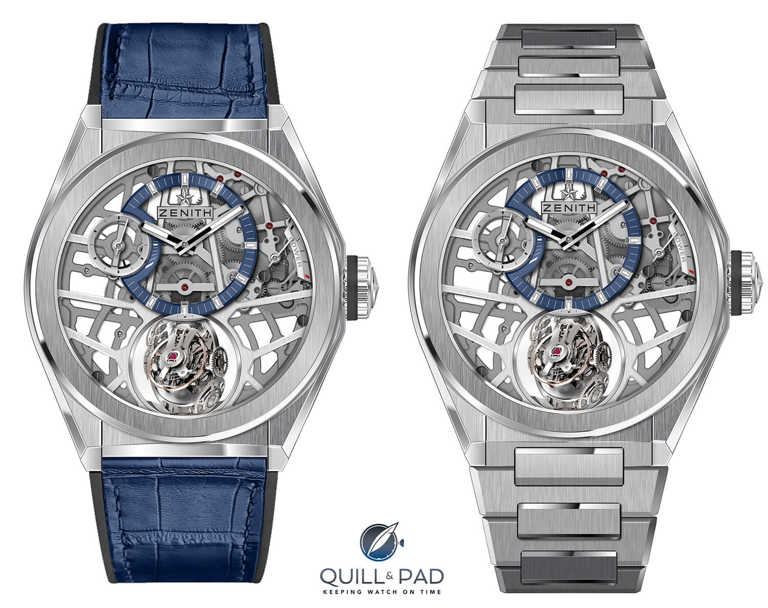 Zenith Defy Zero G in titanium on both blue leather strap and titanium bracelet