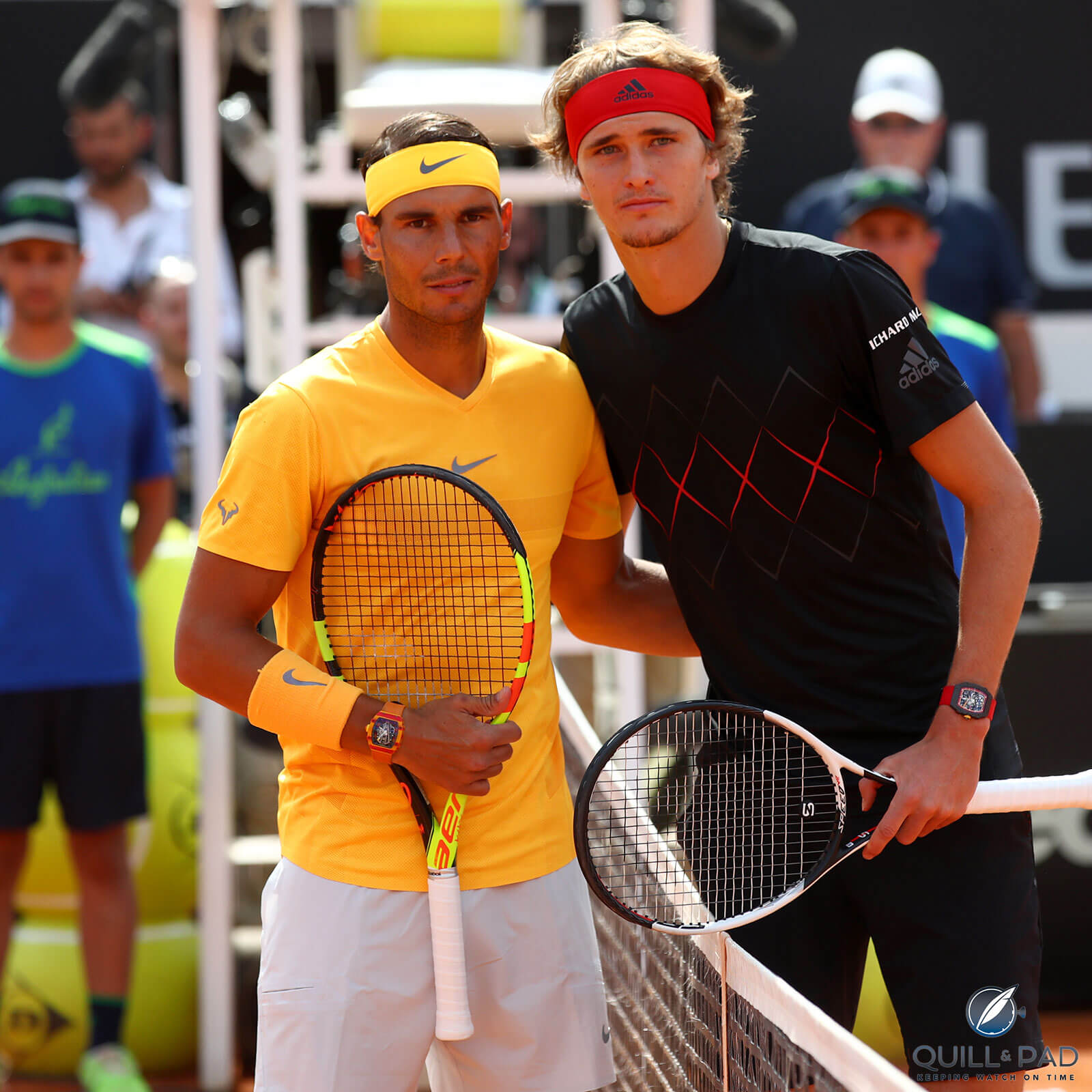 Rafael Nadal wearing his Richard Mille RM 27-03 and Alexander Zverev wearing his RM 67-02 before the men's singles finals of the Internazionali BNL d'Italia 2018 in Rome (photo Julian Finney/Getty Images/Richard Mille)