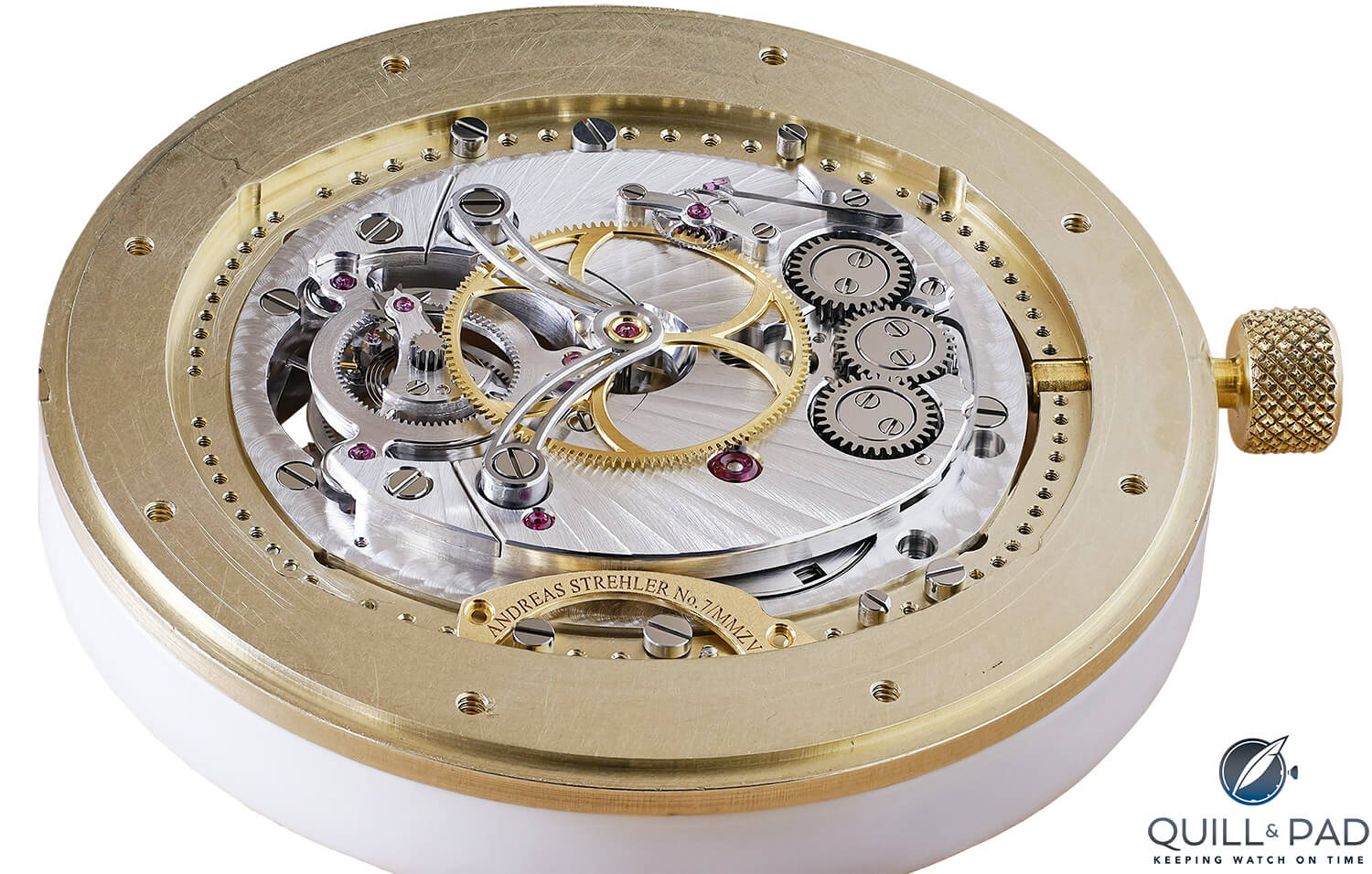 Andreas Strehler Trans-Axial Remontoir Tourbillon movement (back) in holder 
