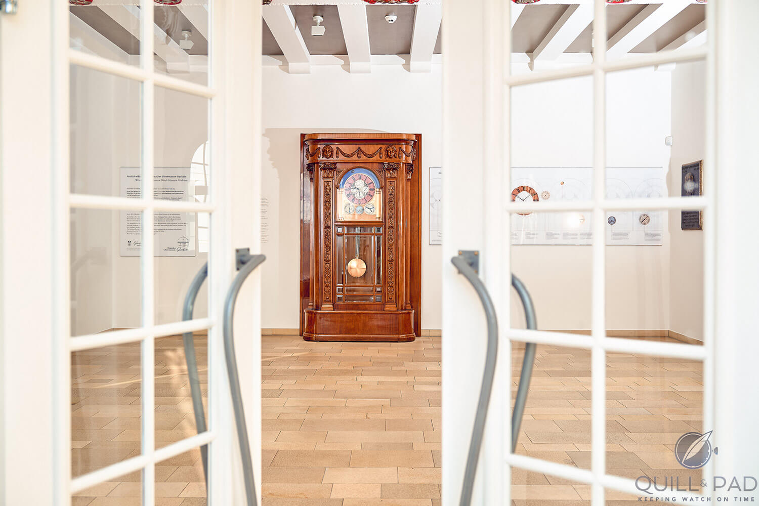 The astronomical Hermann Goertz clock on display in the contemporary setting of the German Watchmaking Museum in Glashütte