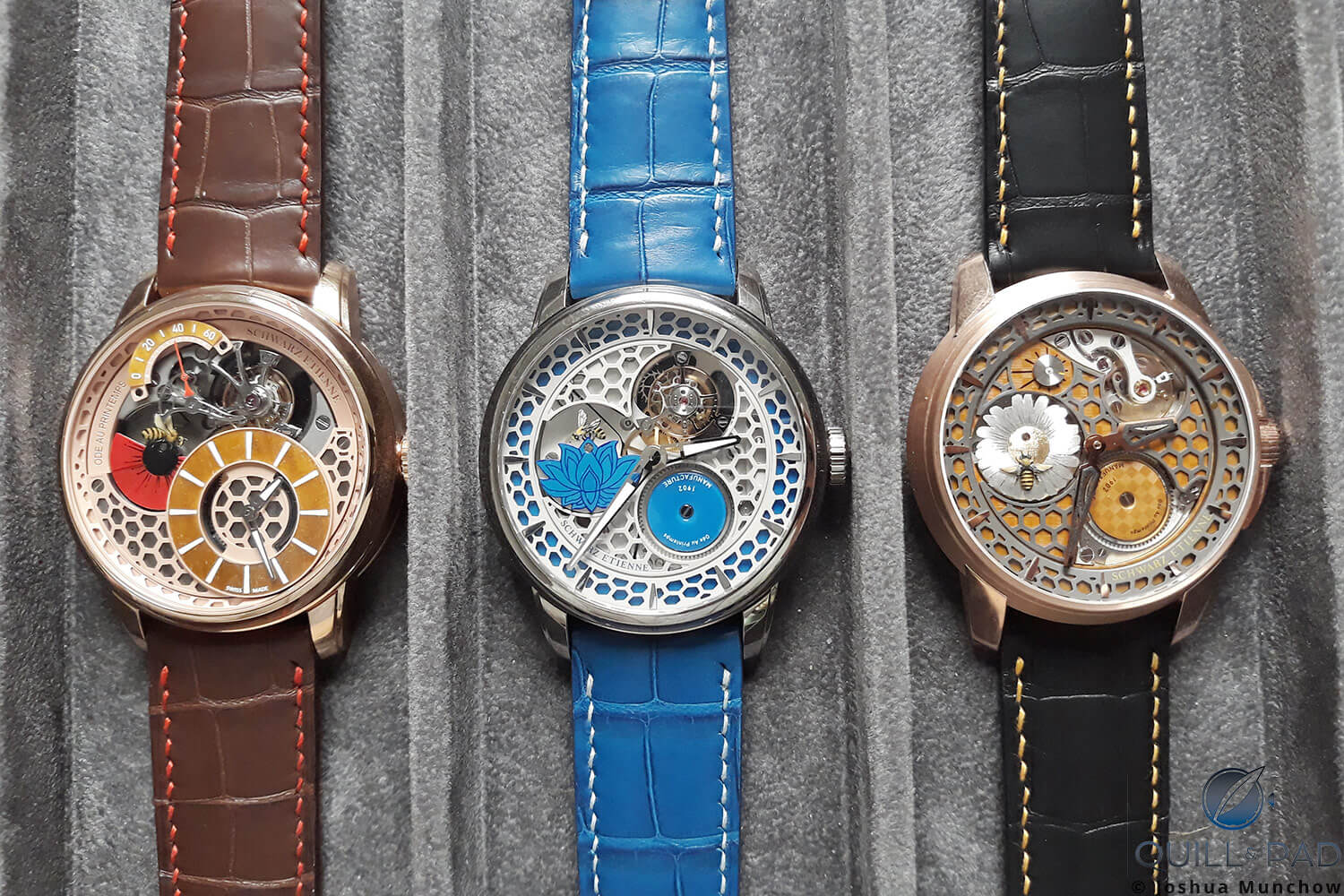 Schwarz-Etienne Ode Au Printemps trilogy: (L-R) Petite Seconde Rétrograde, Flying Tourbillon, Roswell