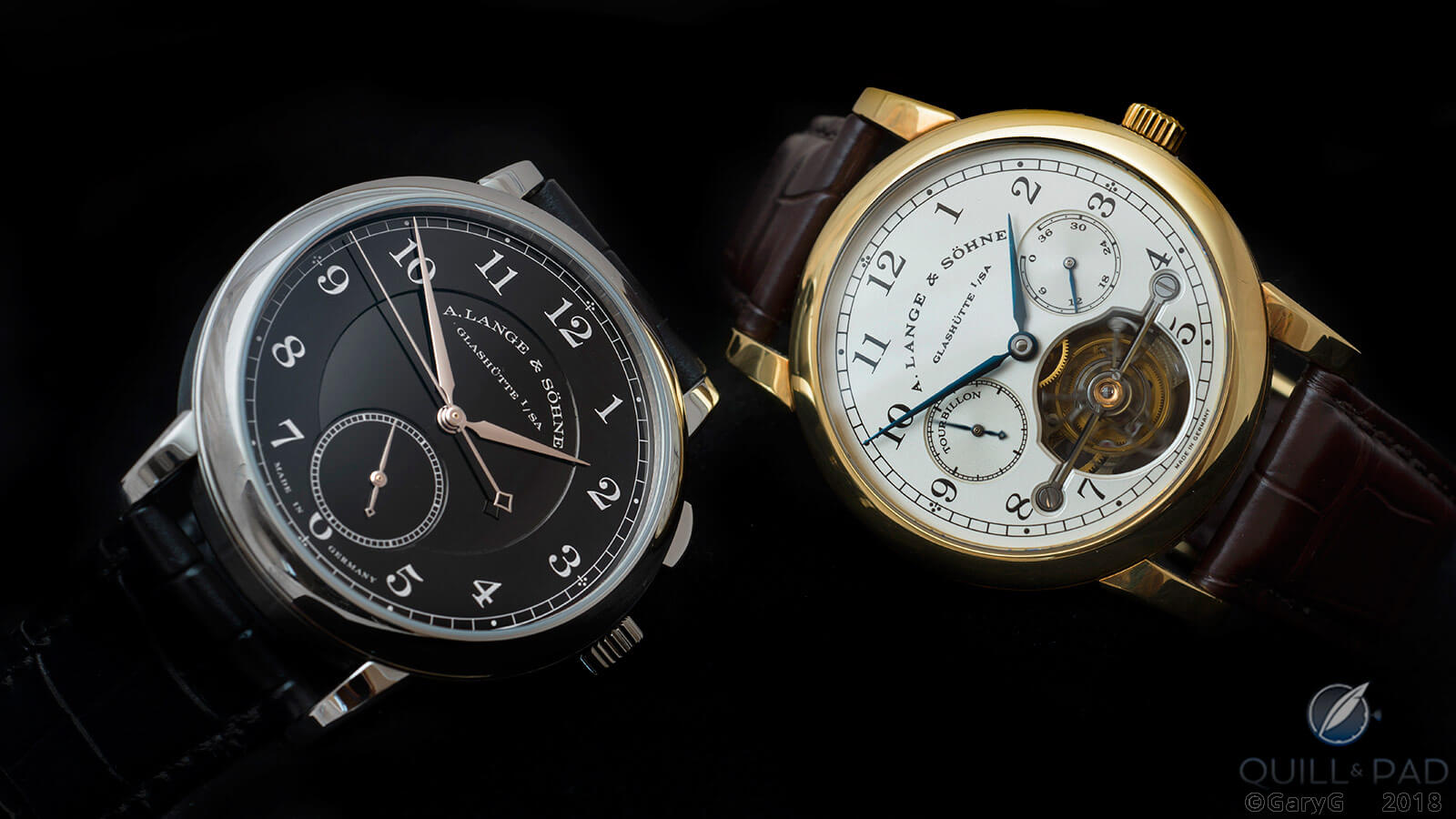Homage to Walter Lange unique piece (at left) and Pour le Merite Tourbillon in yellow gold