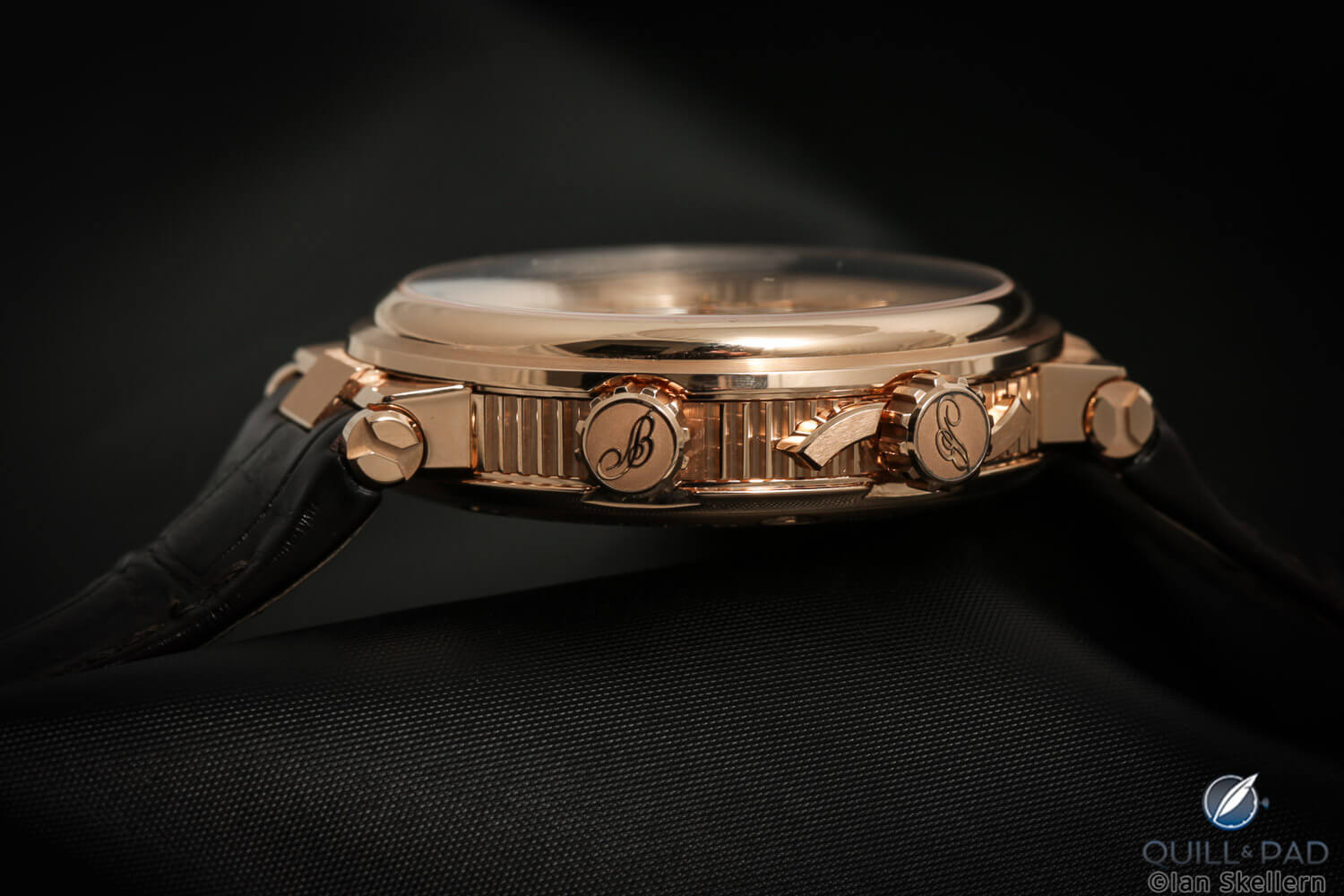 Side view showing the crowns on the Breguet Marine Alarme Musicale 5547