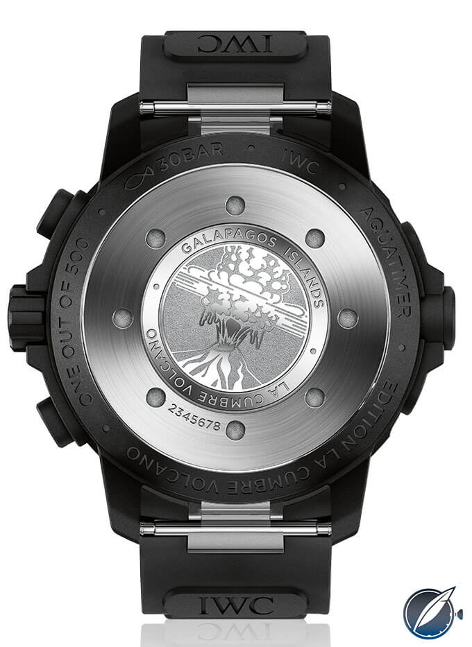 Engraved back of the IWC Aquatimer Chronograph Edition La Cumbre Volcano