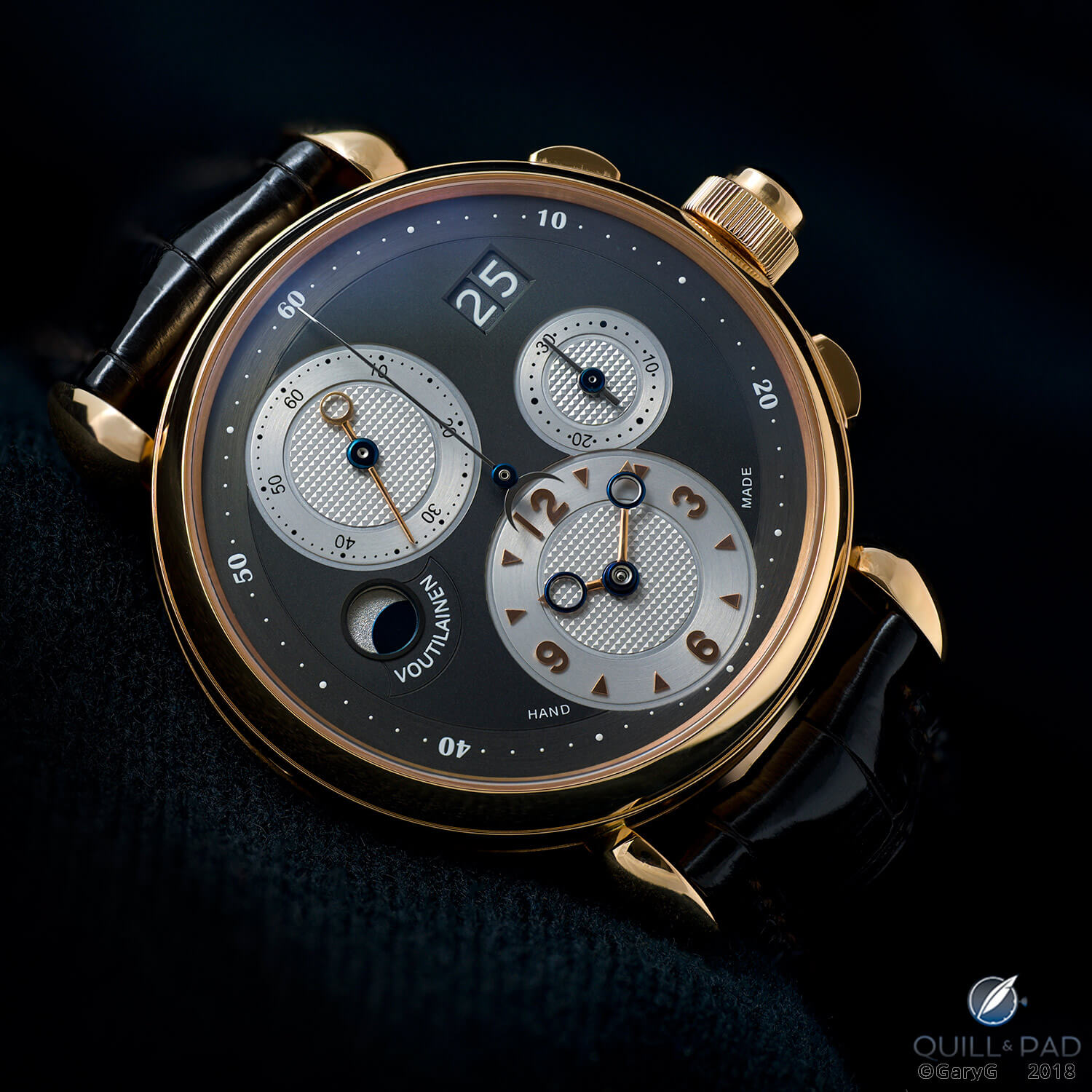 Both shiny and dark: dial side of a pink gold Voutilainen Masterpiece Chronograph II