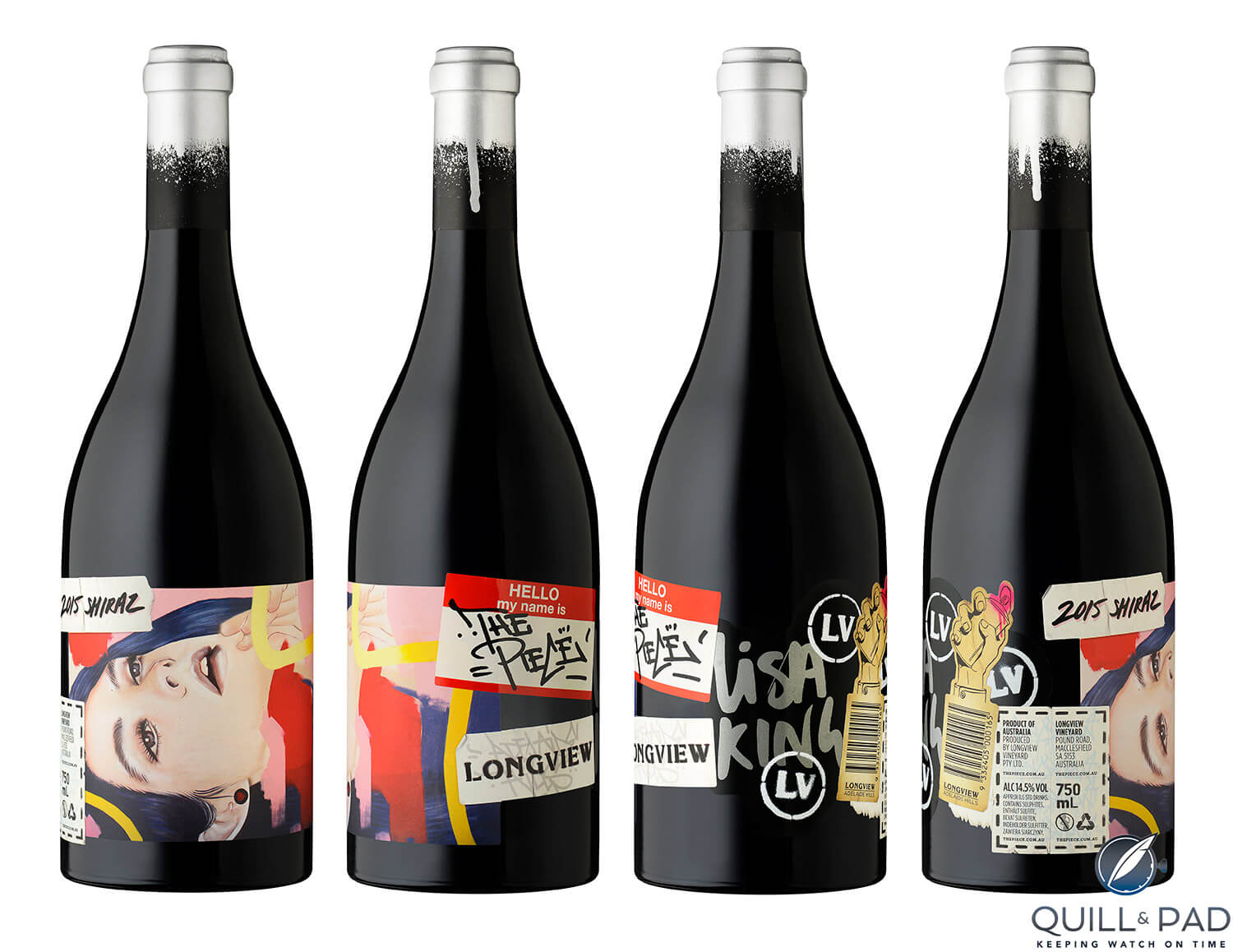 Four overlapping labels make up the graffiti art on the Longview Piece Shiraz 2015