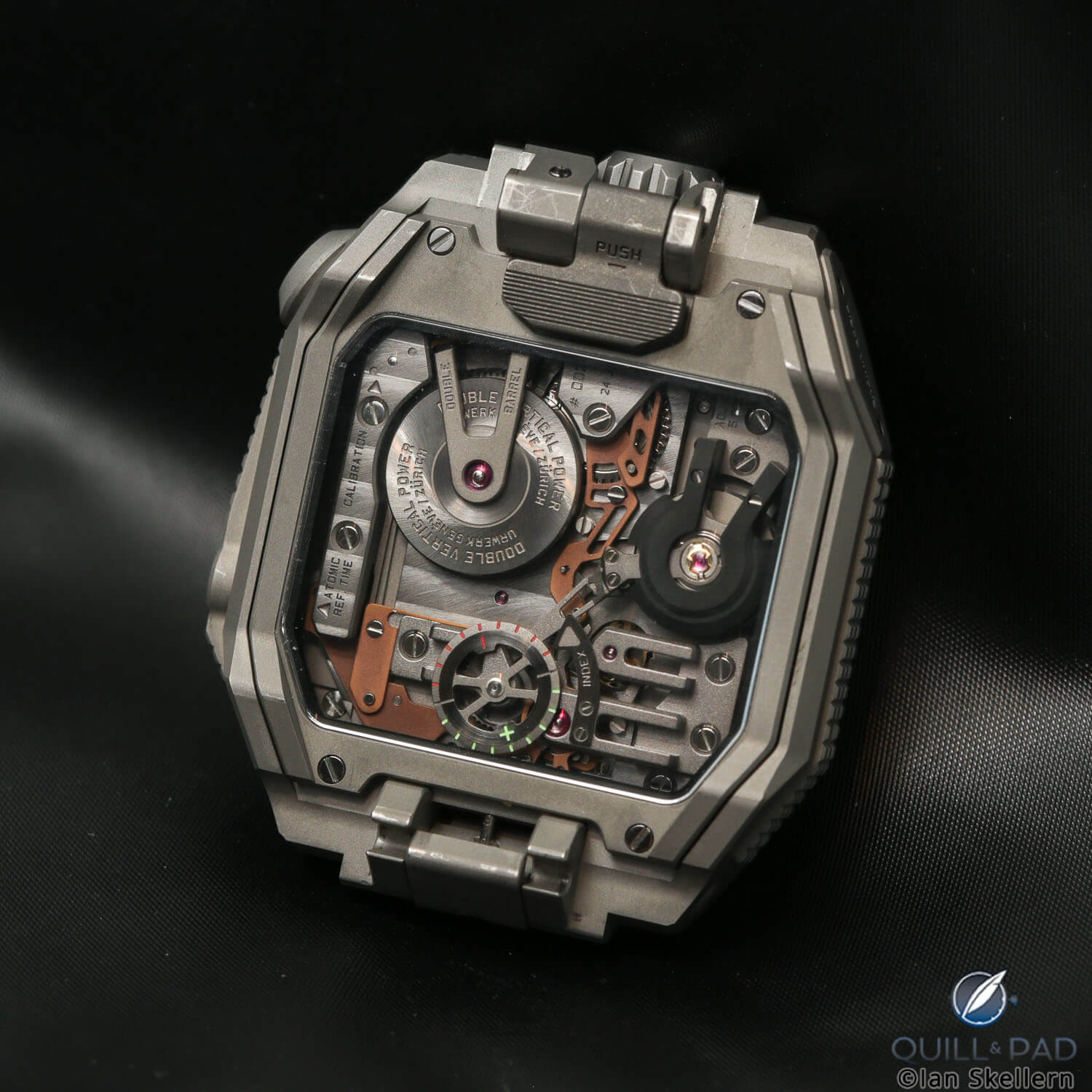 Urwerk AMC watch movement through the display back