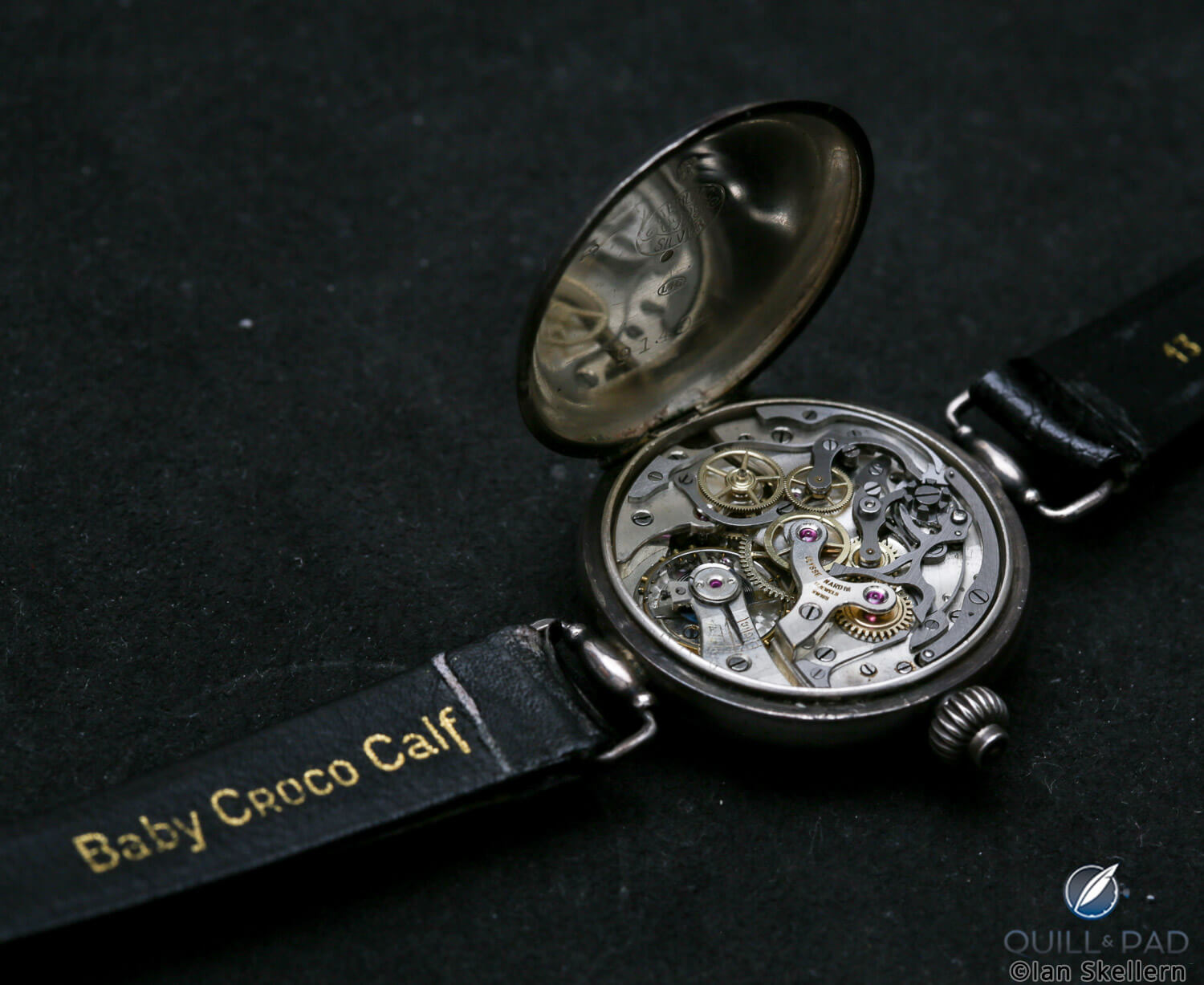 Movement side of an early Ulysse Nardin chronograph with enamel dial from Gerd-Rüdiger Lang’s extensive chronograph collection