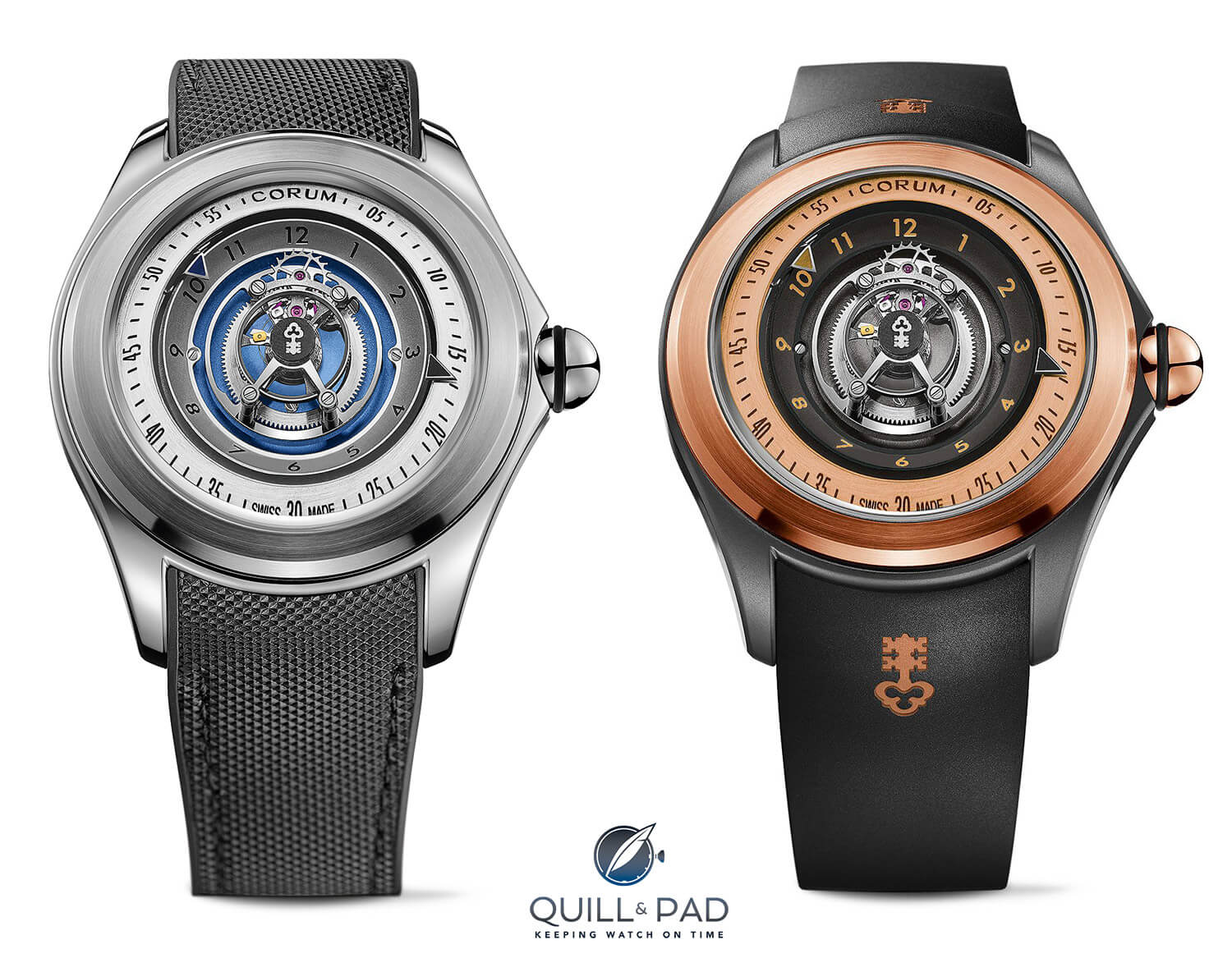 Corum Bubble 47 Central Tourbillon in titanium on titanium mesh bracelet (left and titanium with gold PVD on rubber strap
