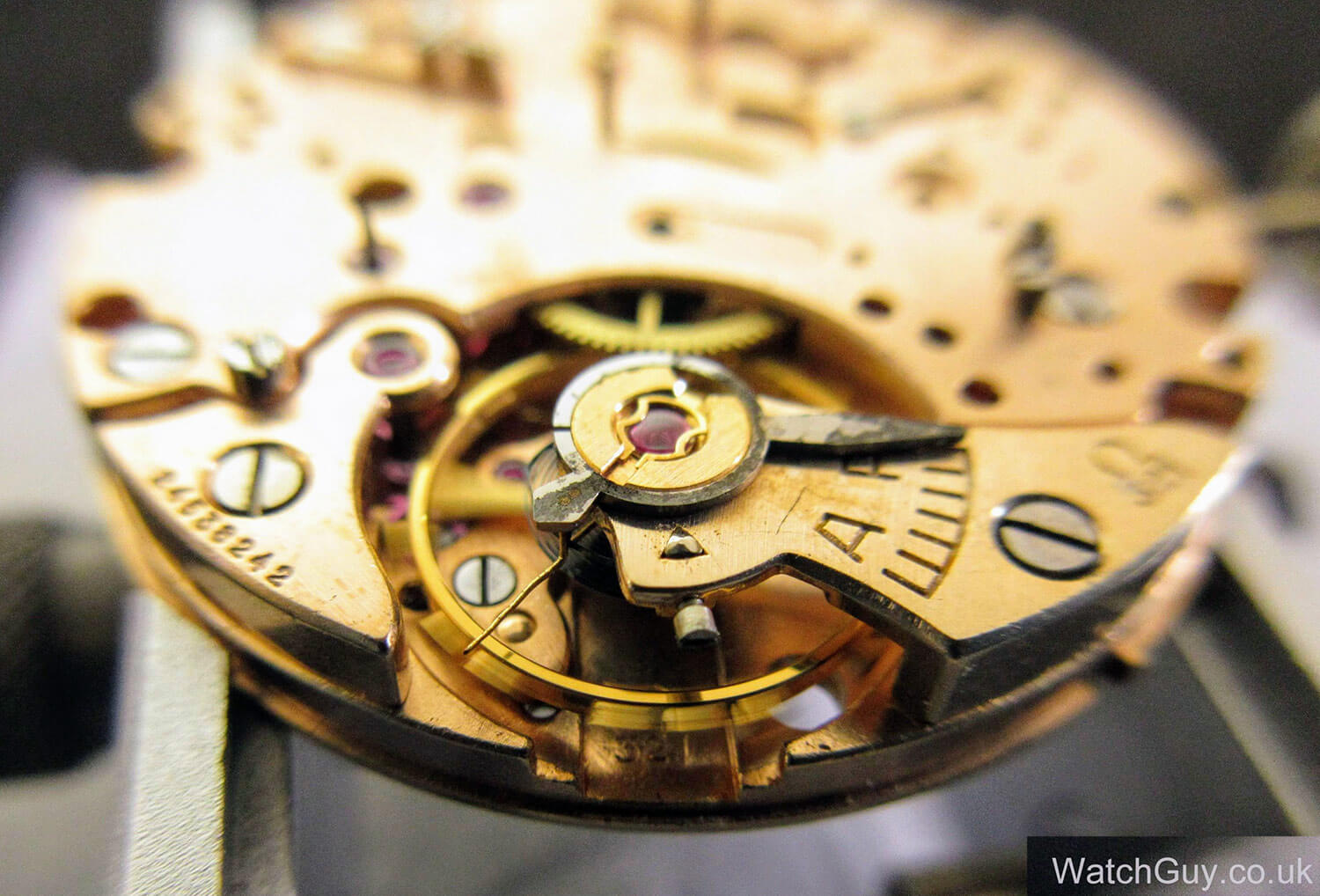 Omega Caliber 321 regulator fine adjustment (photo courtesy WatchGuy.co.uk)