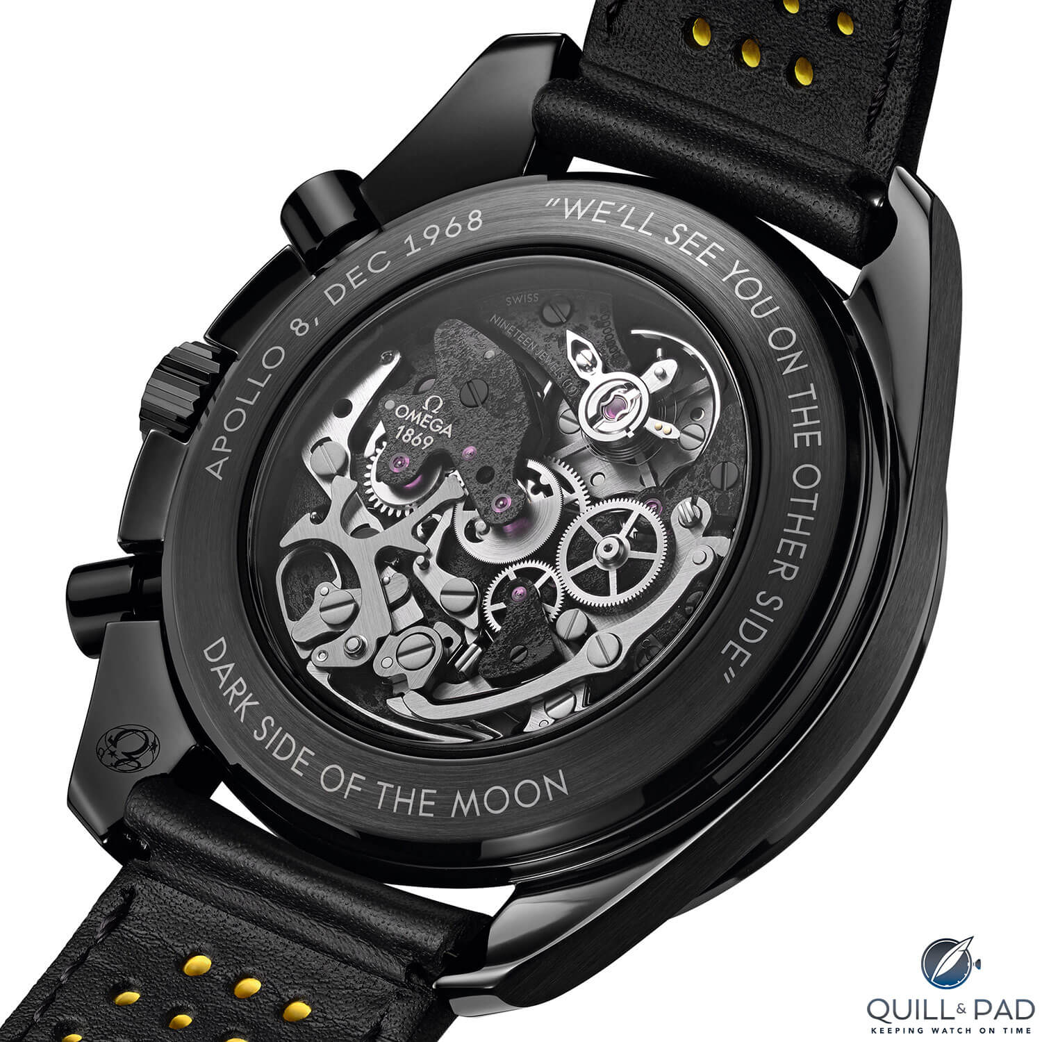 View through the display back of the Omega Speedmaster Dark Side of the Moon Apollo 8