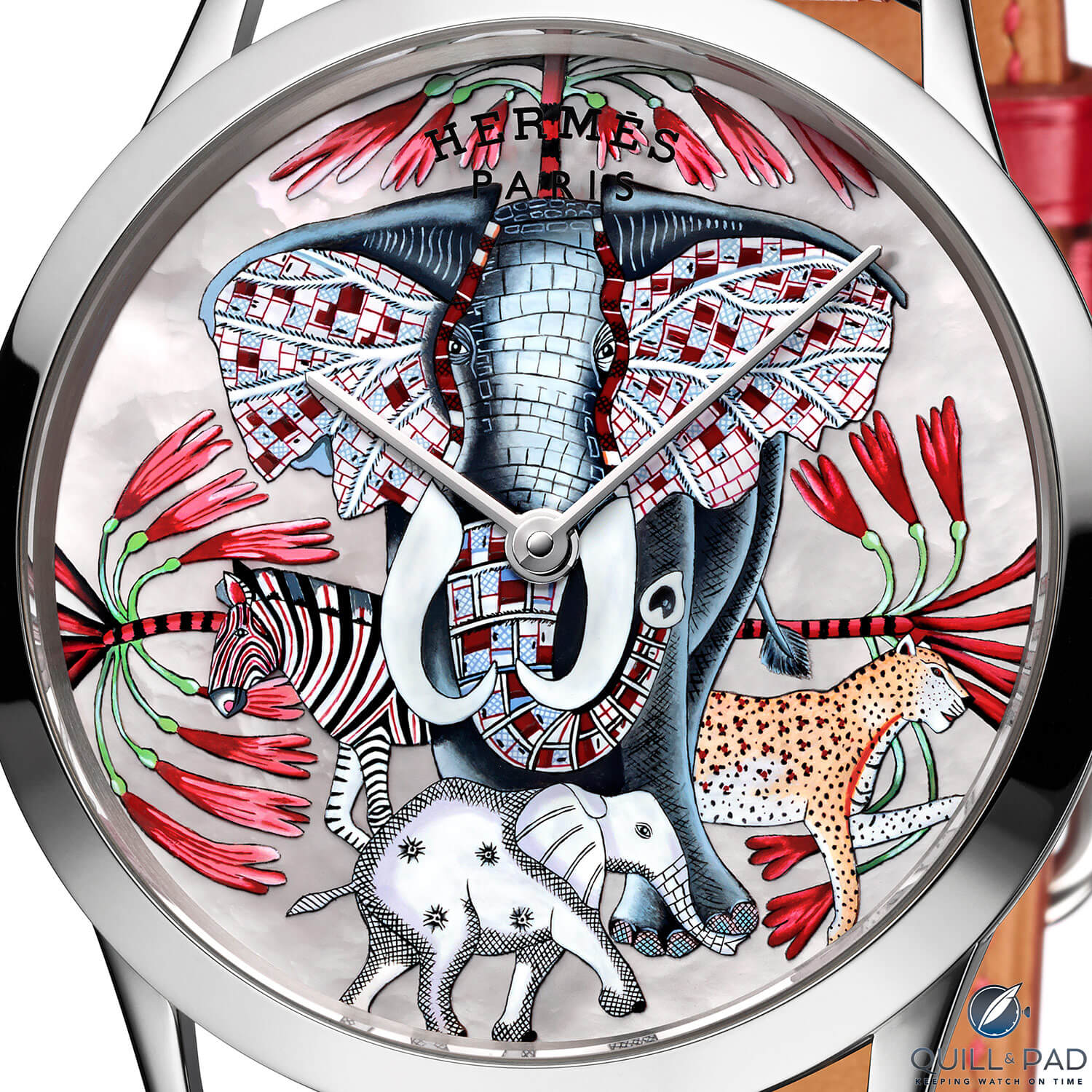 Intricately painted dial of the Slim d’Hermès Marché du Zambèze
