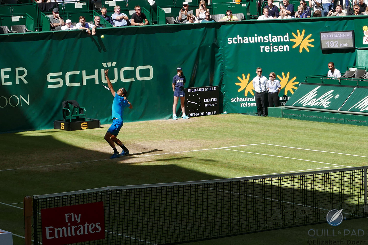 Roger Federer at the 2018 Gerry Weber Open in Halle, Germany: note the new Richard Mille clock on center court