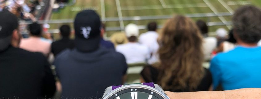 The H. Moser Cie Pioneer Center Seconds Cosmic Green on a Wimbledon-inspired NATO strap by Maurice de Mauriac designed by Miguel Seabra at the Mercedes Open 2018
