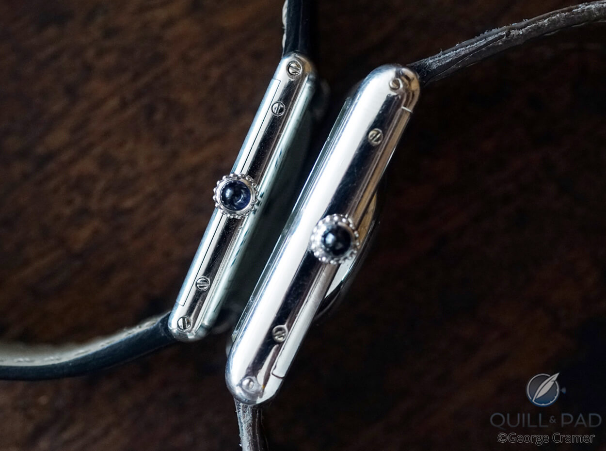 Side on: Size and thickness comparison of Cartier Tank Classic (left) and Louis Cartier Jumbo