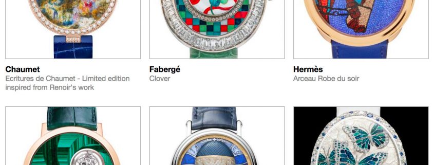 Artistic Crafts category pre-selected watches for the 2018 Grand Prix d’Horlogerie de Genève,clockwise from top left: Chaumet Ecritures de Chaumet, Fabergé Clover, Hermès Arceau Robe du Soir, Piaget Altiplano Tourbillon Malachite, Vacheron Constantin Les Aérostiers Paris 1783, and Van’t hoff Ballet in Blue