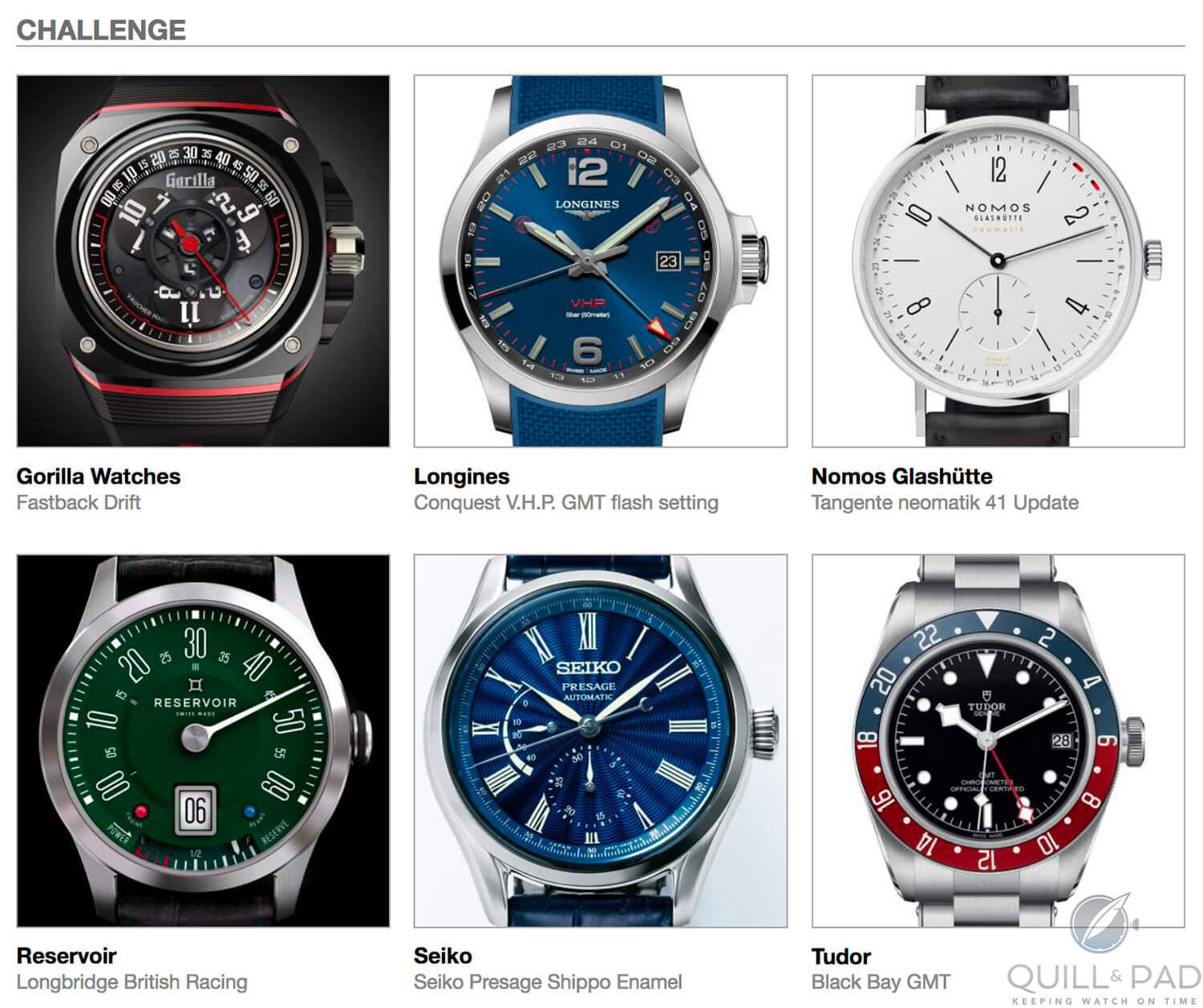 Challenge category pre-selected watches for the 2018 Grand Prix, clockwise from top left: Gorilla Watches Fastback Drift, Longines Conquest V.H.P. GMT Flash Setting, Nomos Glashütte Tangente neomatik 41 update, Reservoir Longbridge British Racing, Seiko Presage Shippo Enamel, and Tudor Black Bay GMT d’Horlogerie de Genève